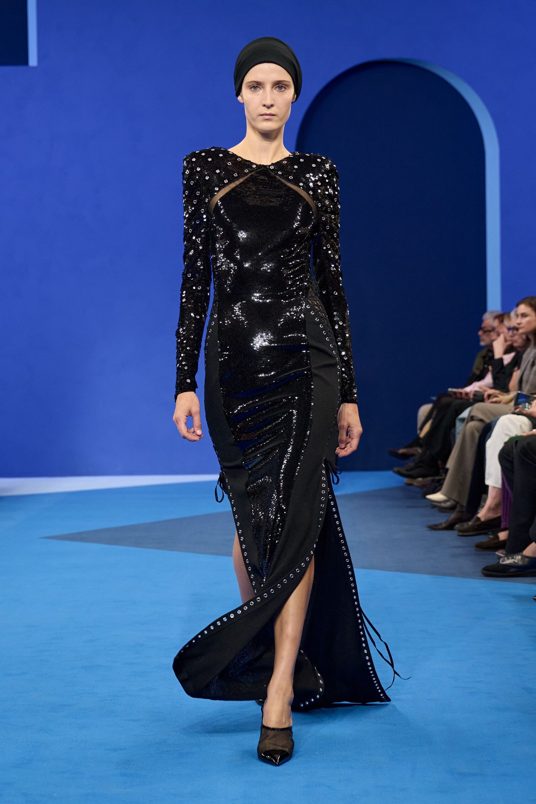 black sequin long-sleeve v-neck fitted draped shiny gown