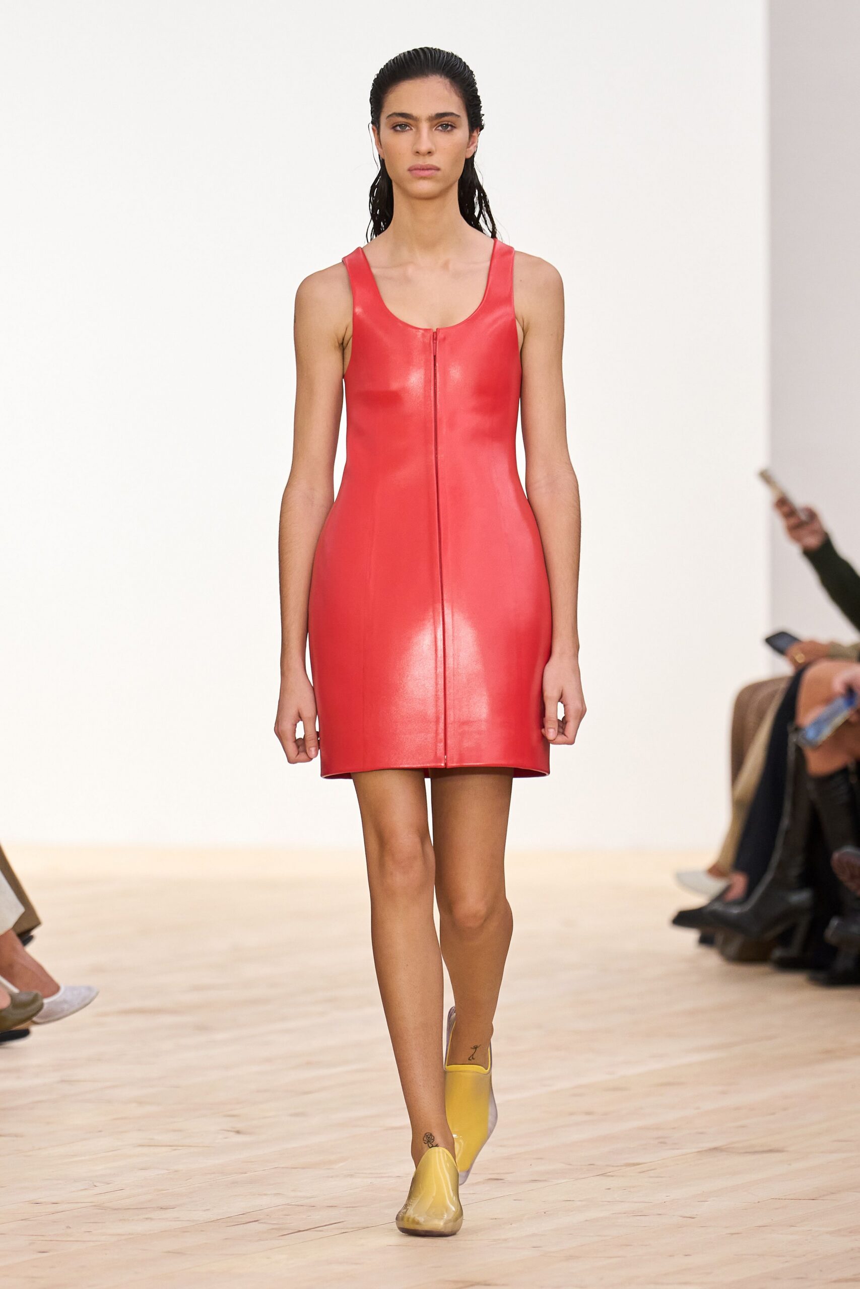 red leather sleeveless v-neck fitted zippered mini dress