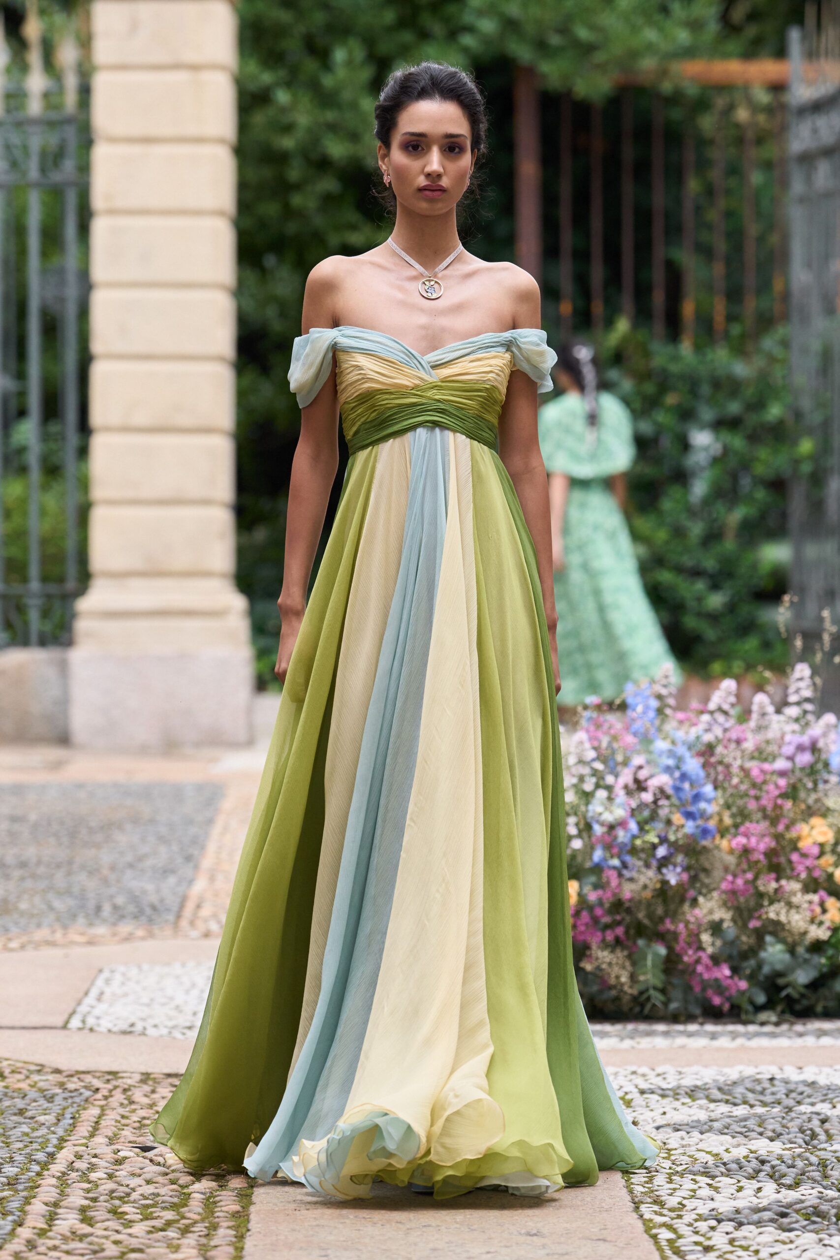 off-shoulder pleated gown