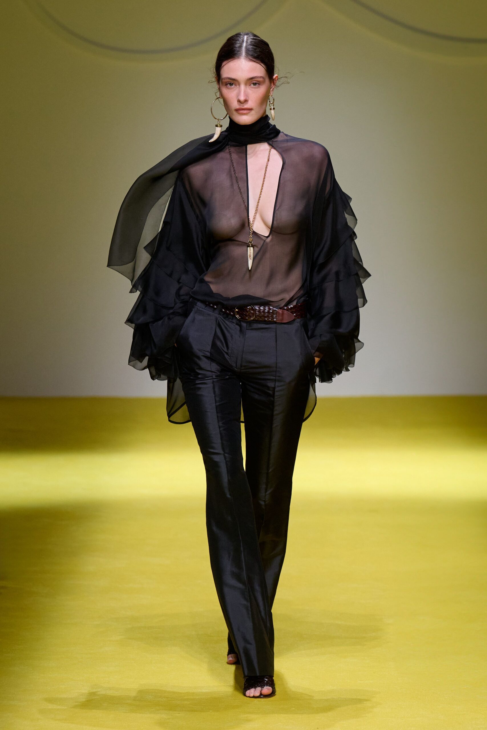 black sheer ruffled top with pants