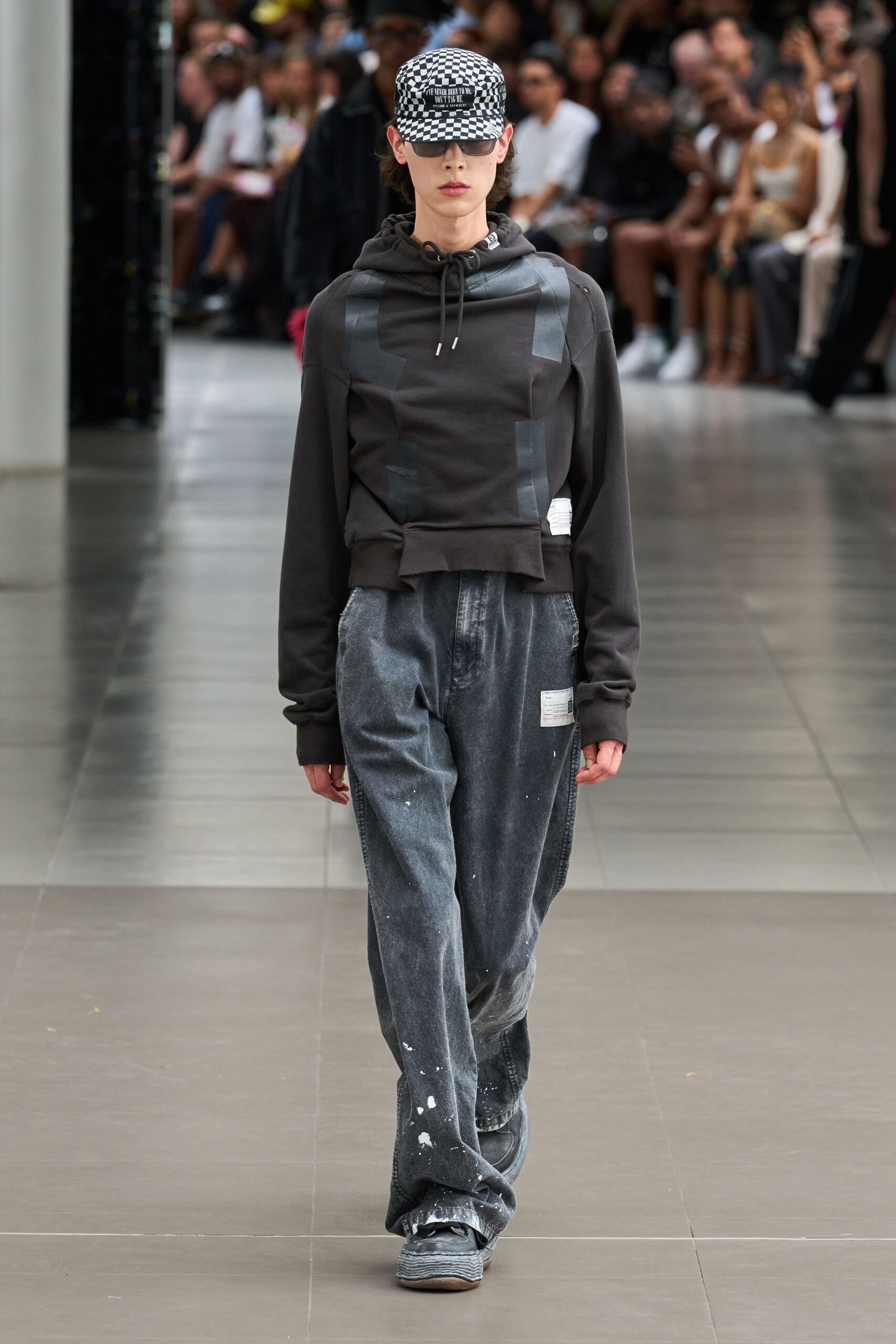 black cropped hoodie with gray pants
