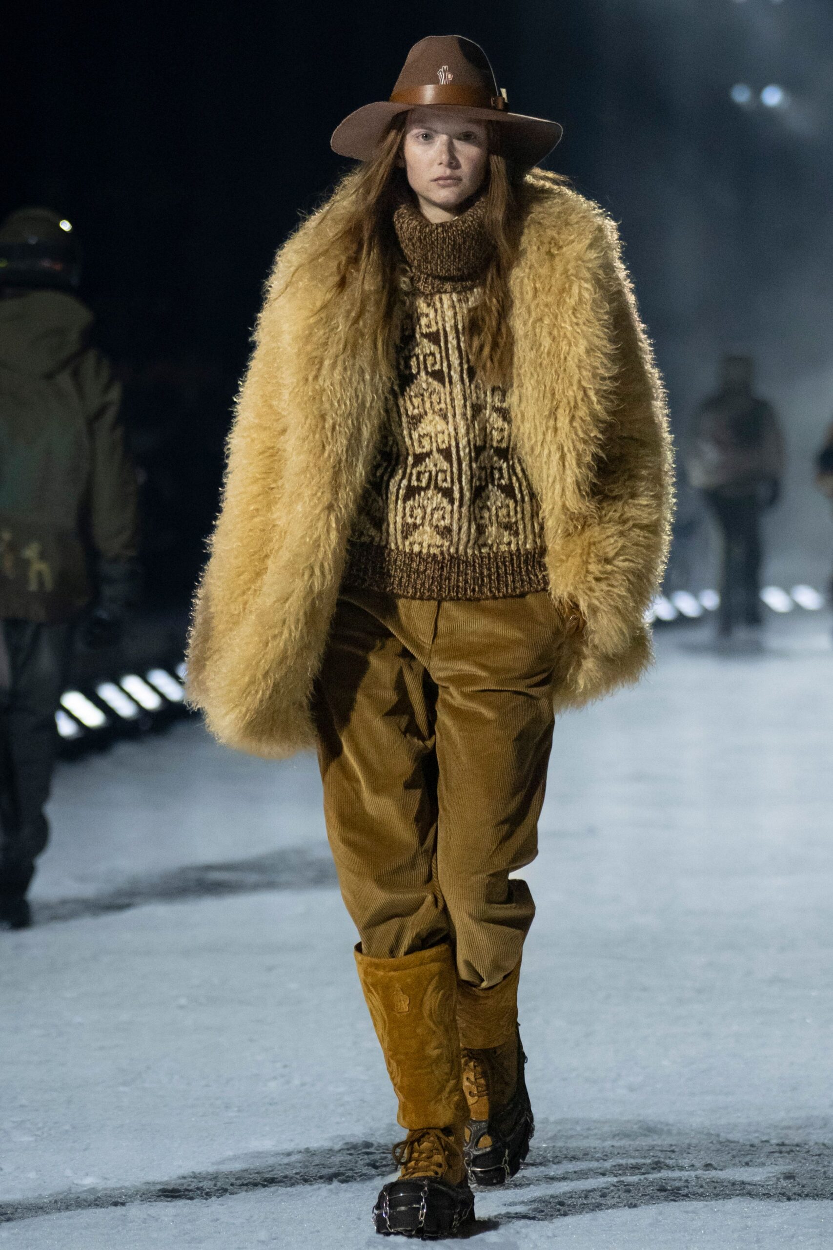 fur coat brown sweater pants
