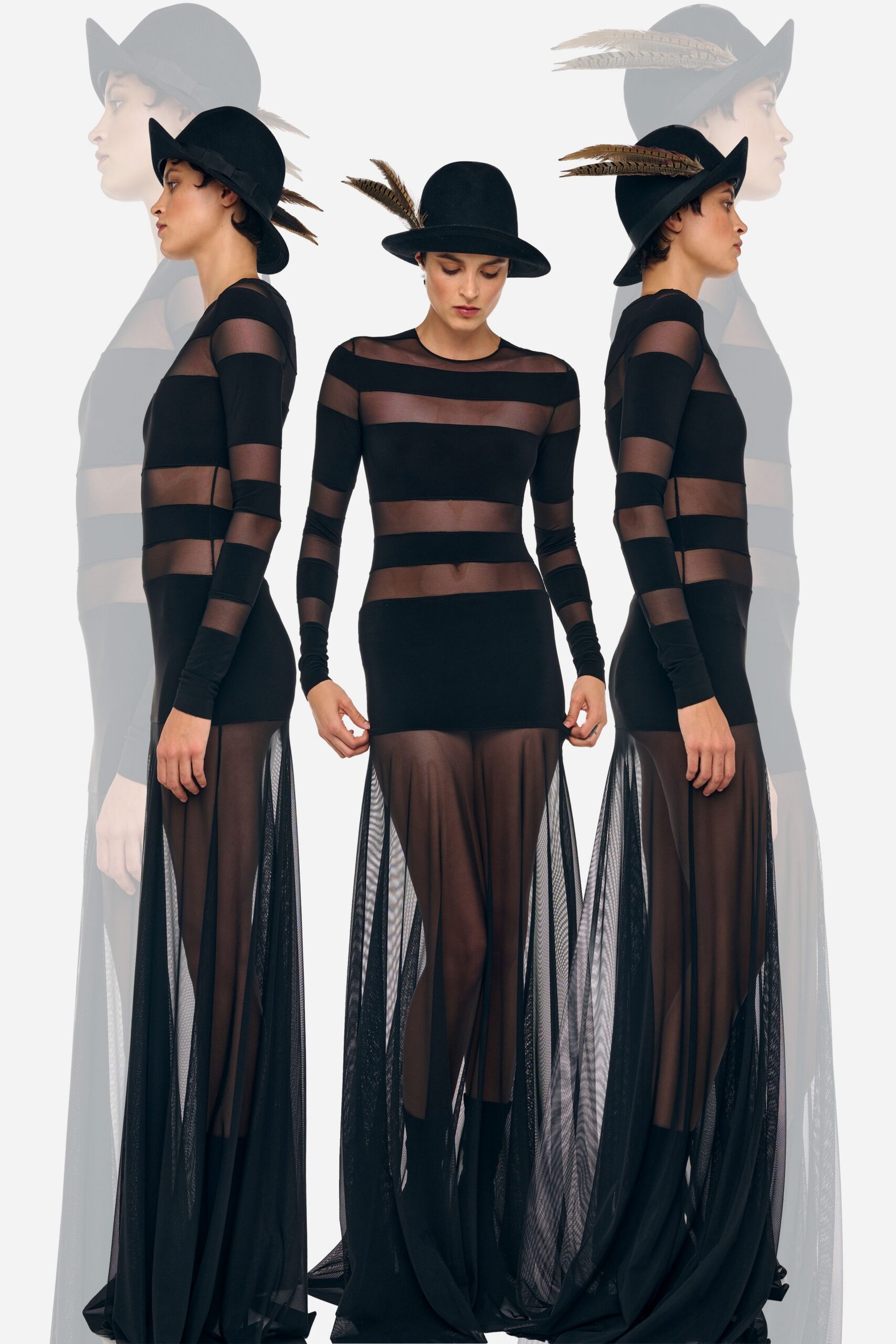 black sheer striped maxi dress and hat