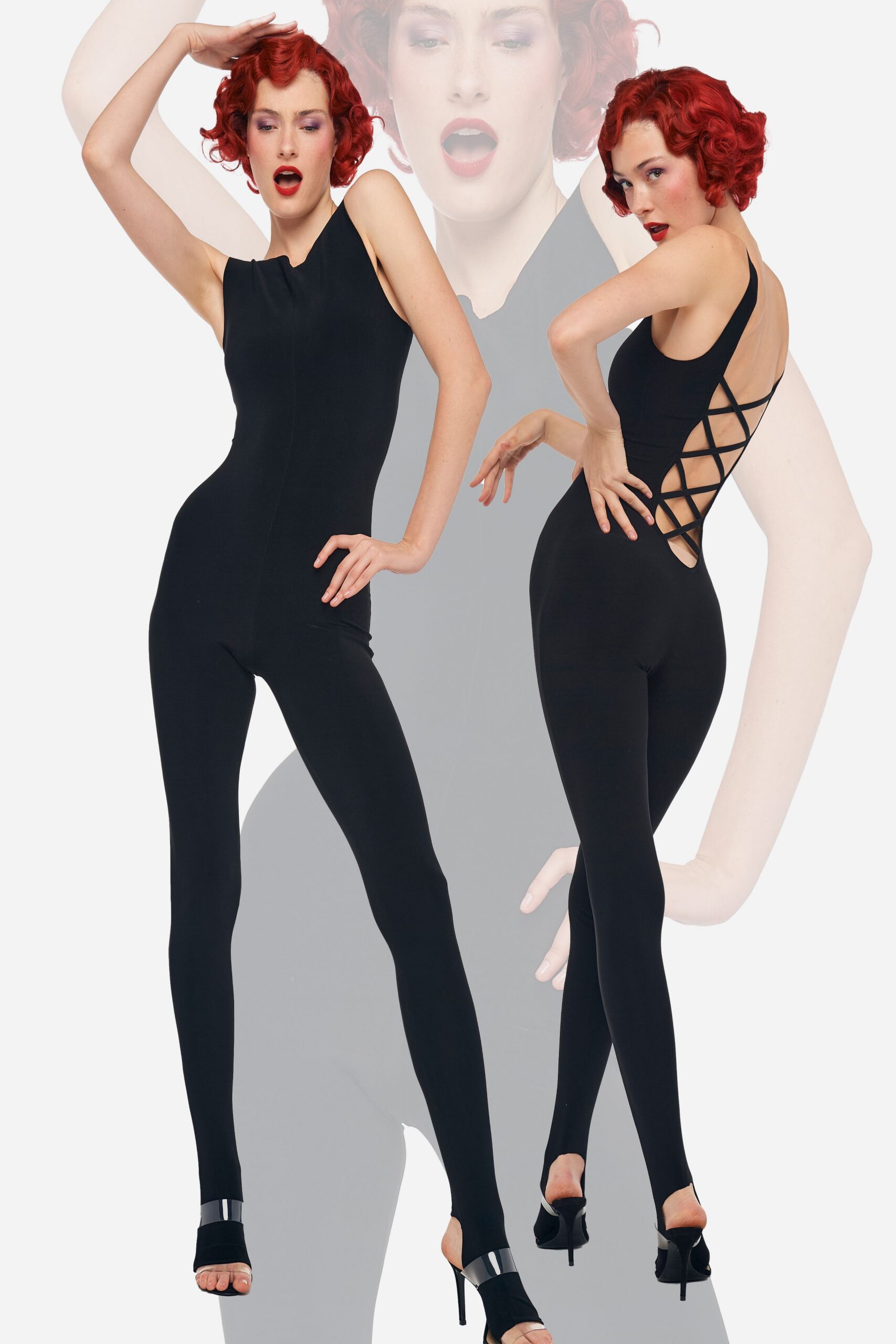 black cotton sleeveless high-neck fitted zippered catsuit