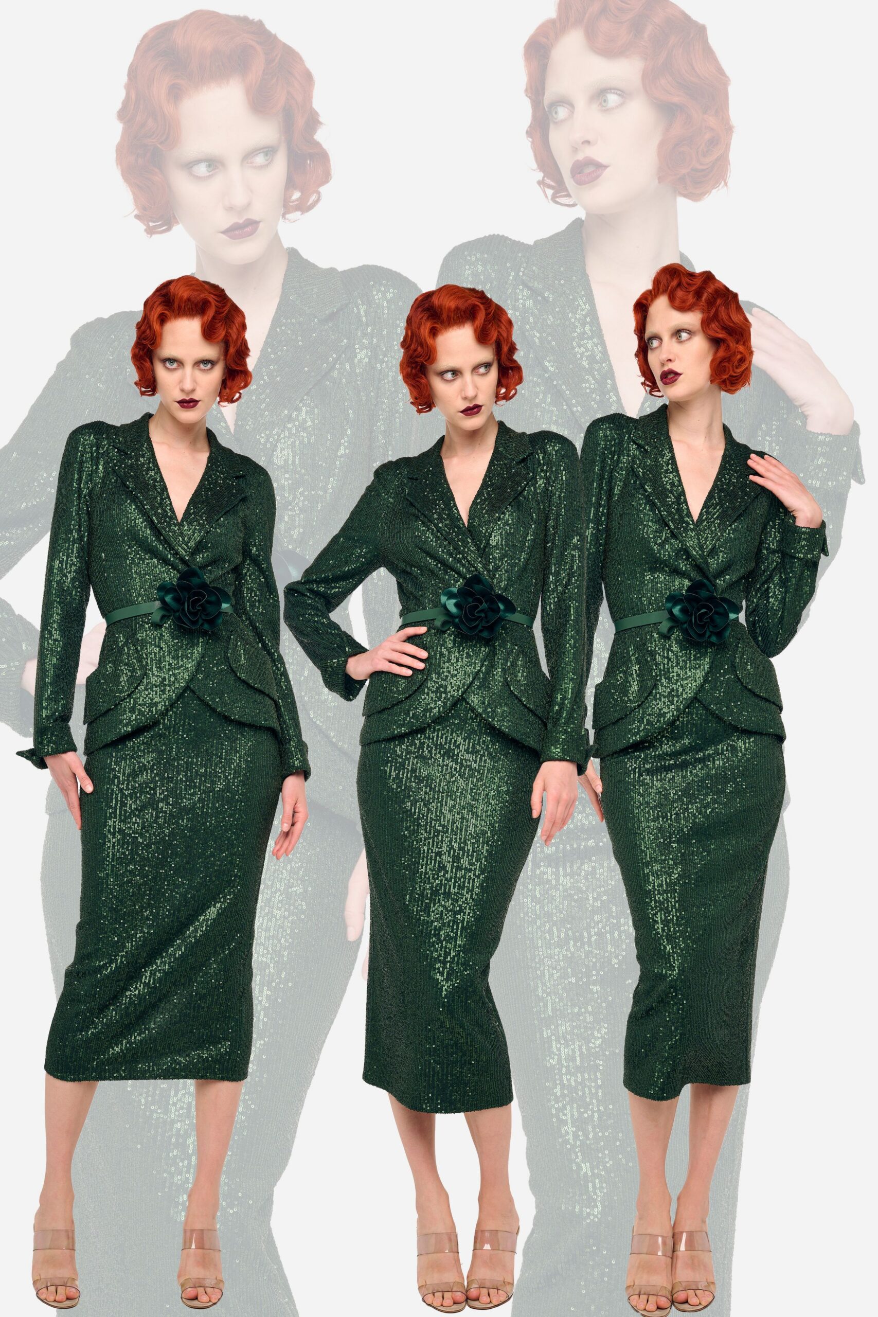 green sequin long-sleeve collared tailored buttoned shiny blazer