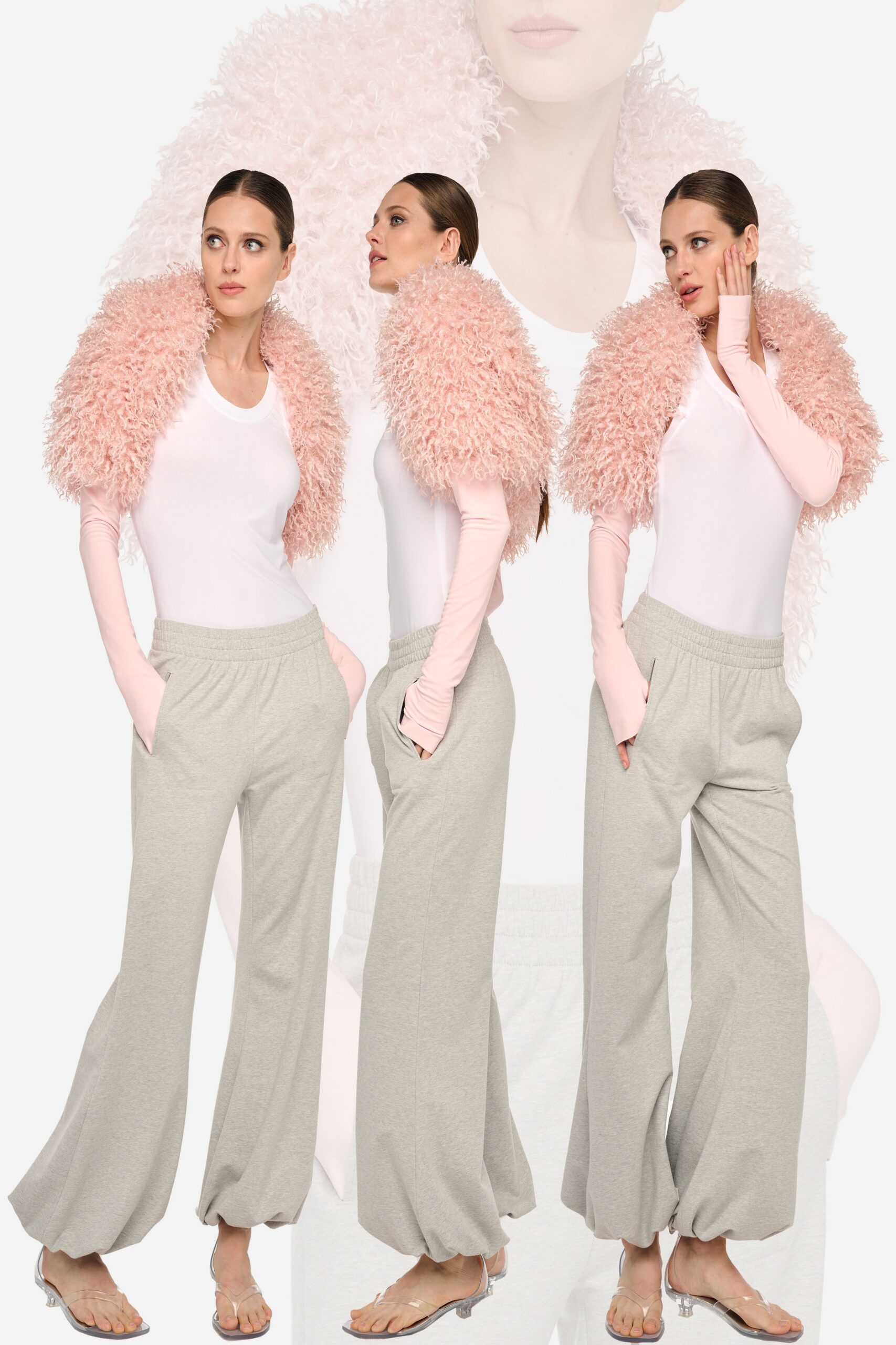 white fitted top with pink fur jacket