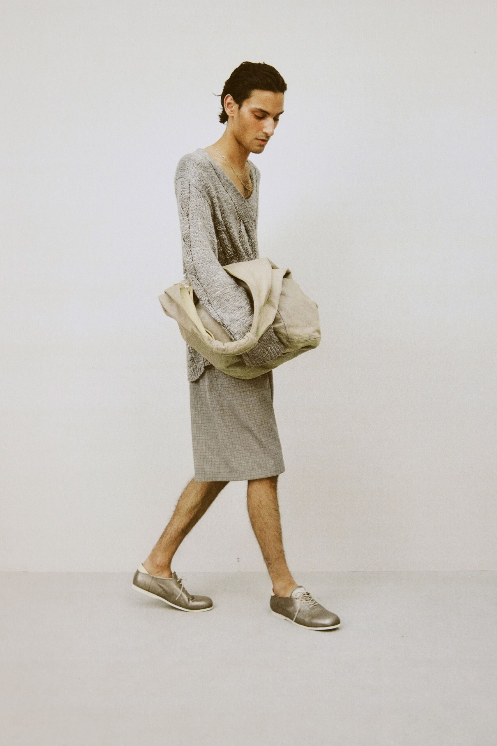 gray relaxed sweater and pencil skirt