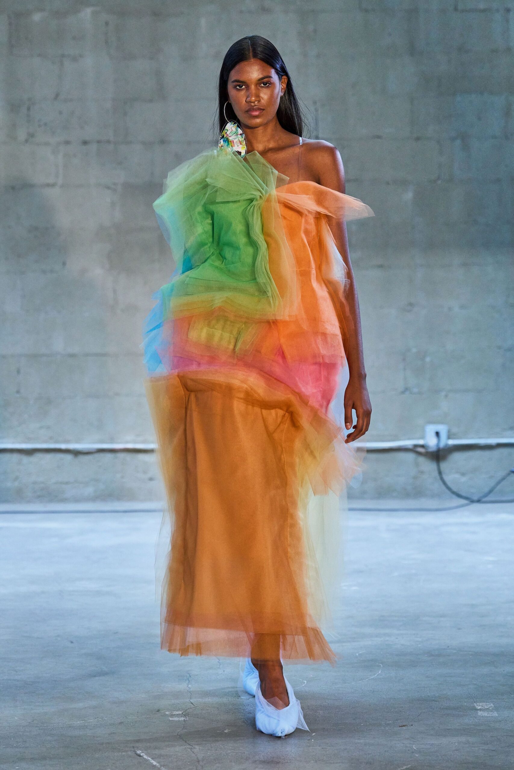 orange tulle sleeveless off-shoulder fitted layered pleated gown