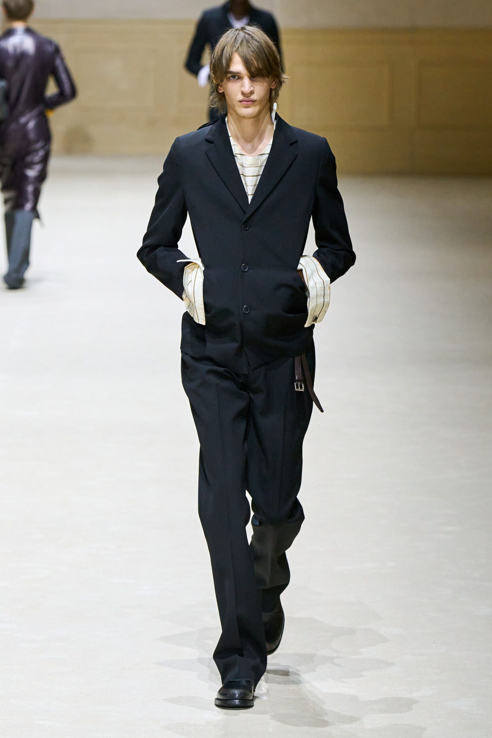 black tailored suit with white shirt