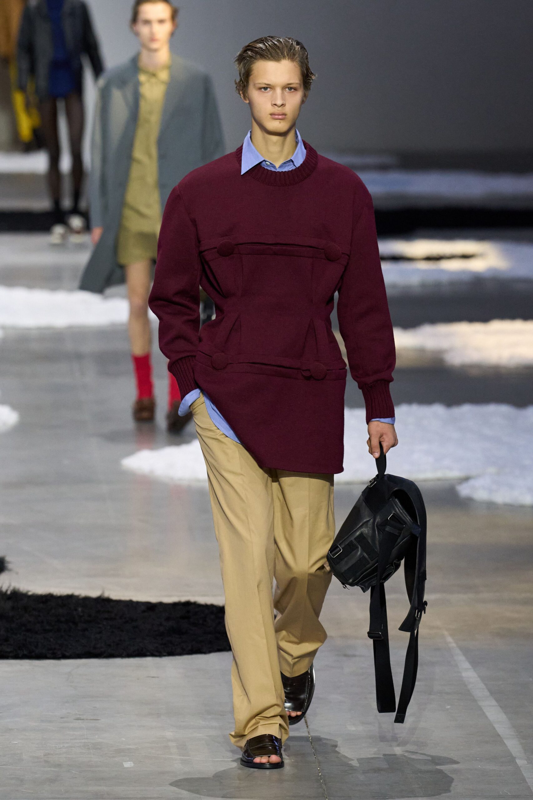maroon wool long-sleeve collared fitted belted sweater
