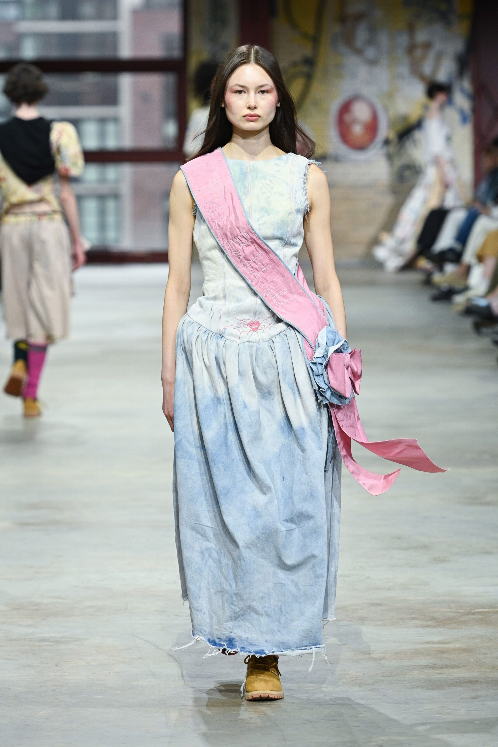 blue denim sleeveless v-neck fitted tiered draped dress