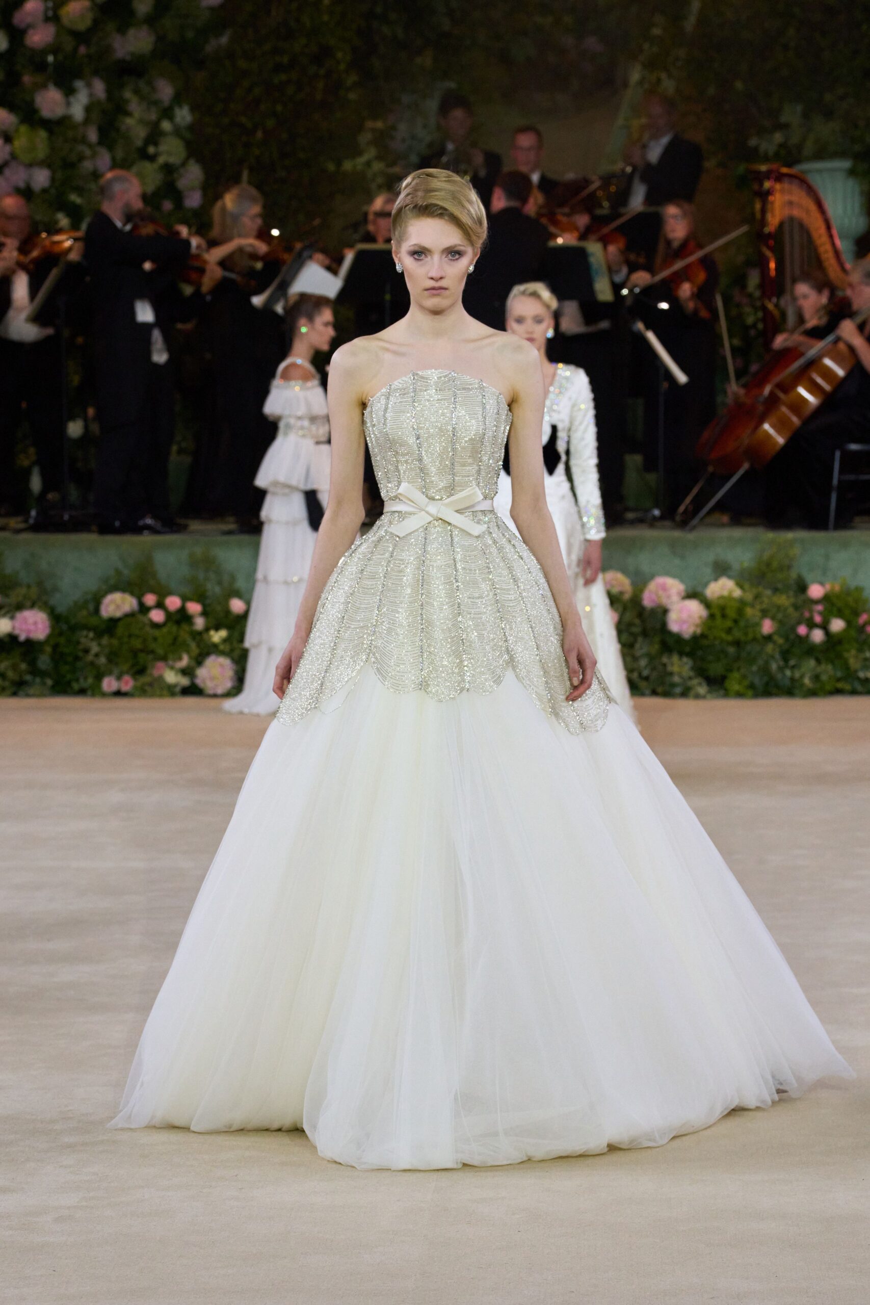 white strapless embellished gown