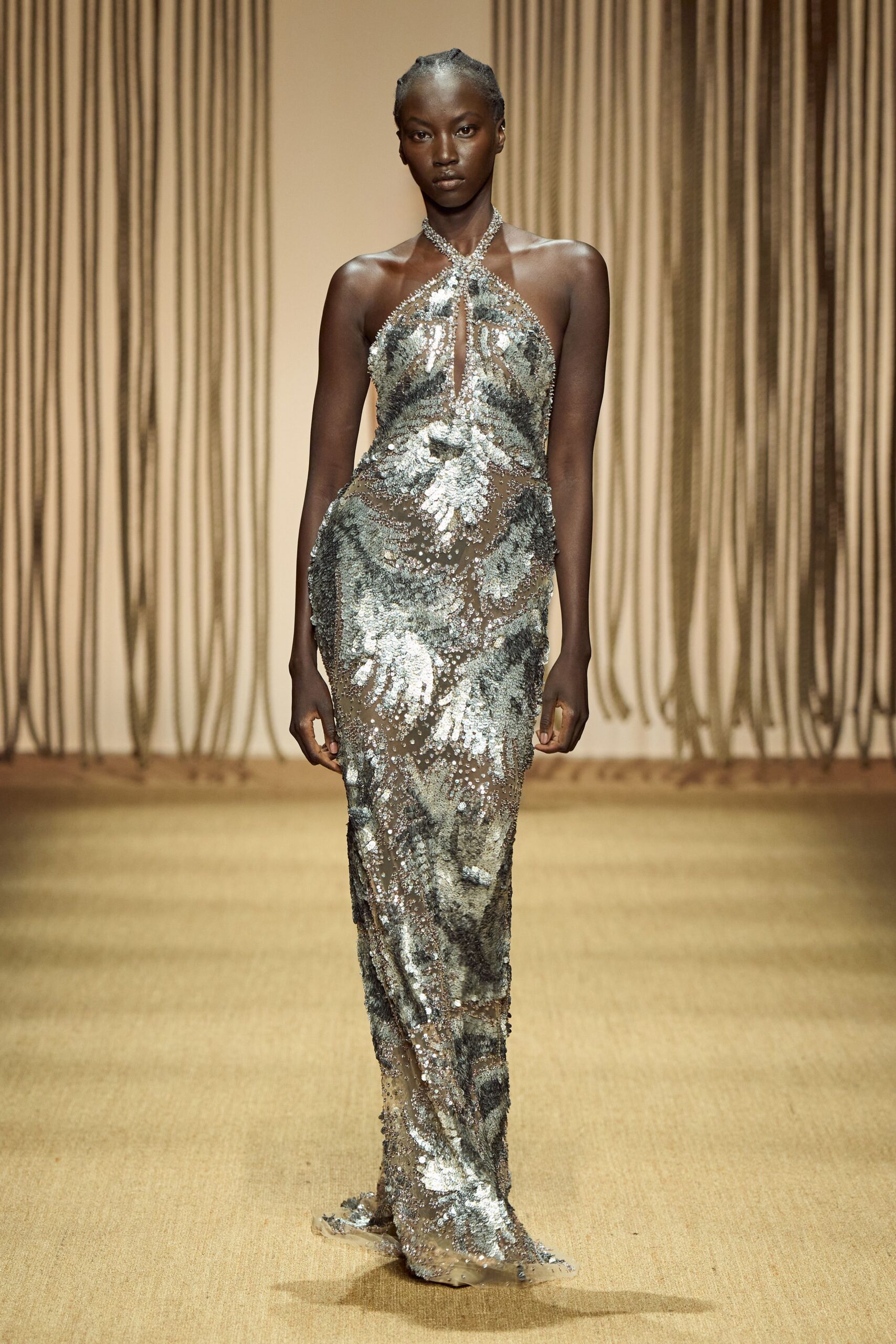 silver sequin fitted gown