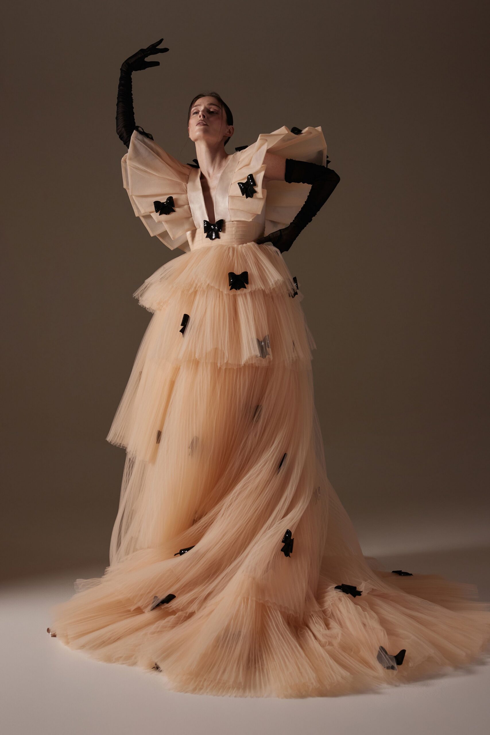 peach layered ruffled gown