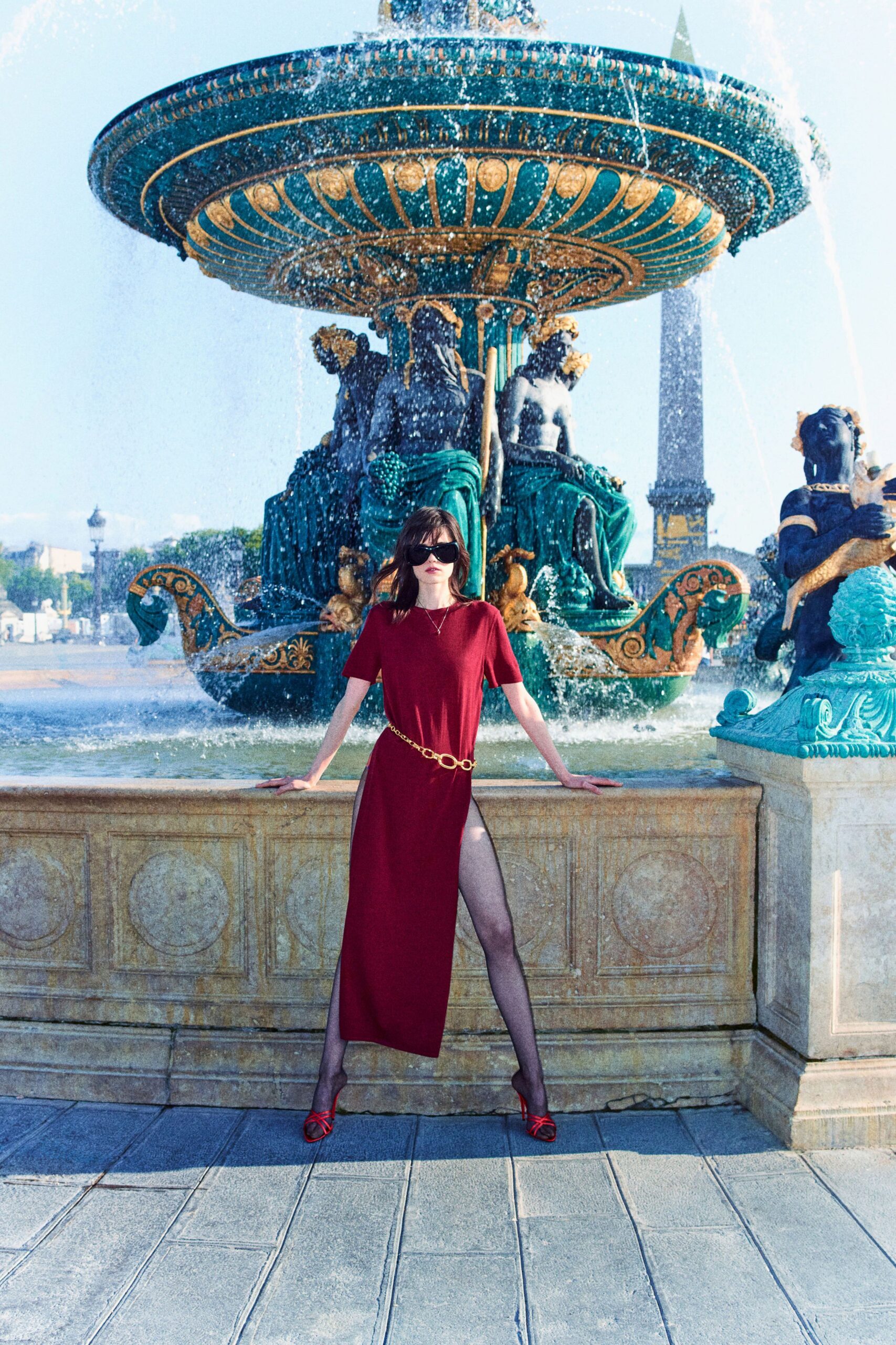 red silk short-sleeve high-neck fitted midi dress