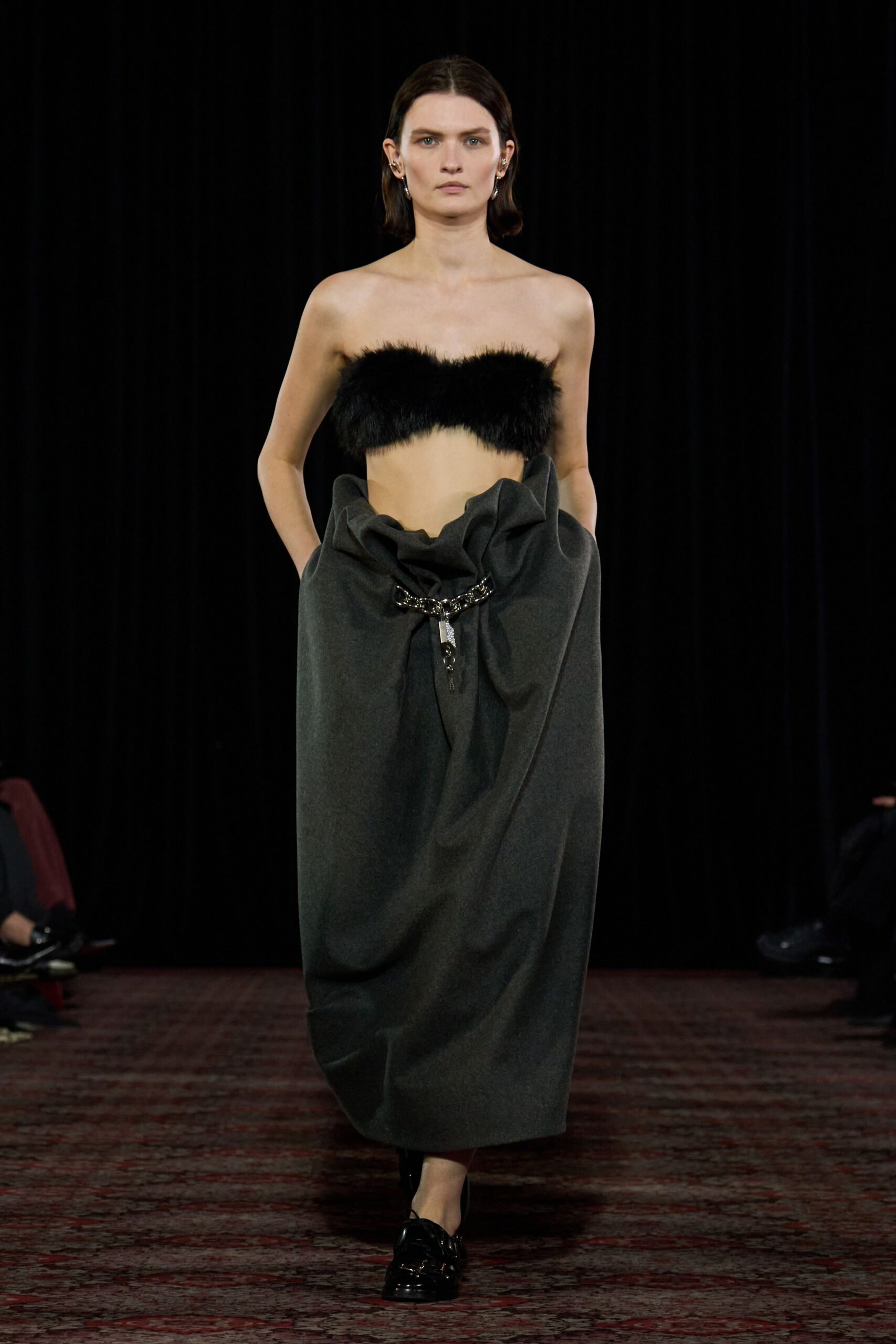 gray wool asymmetric relaxed high-waisted pleated midi skirt
