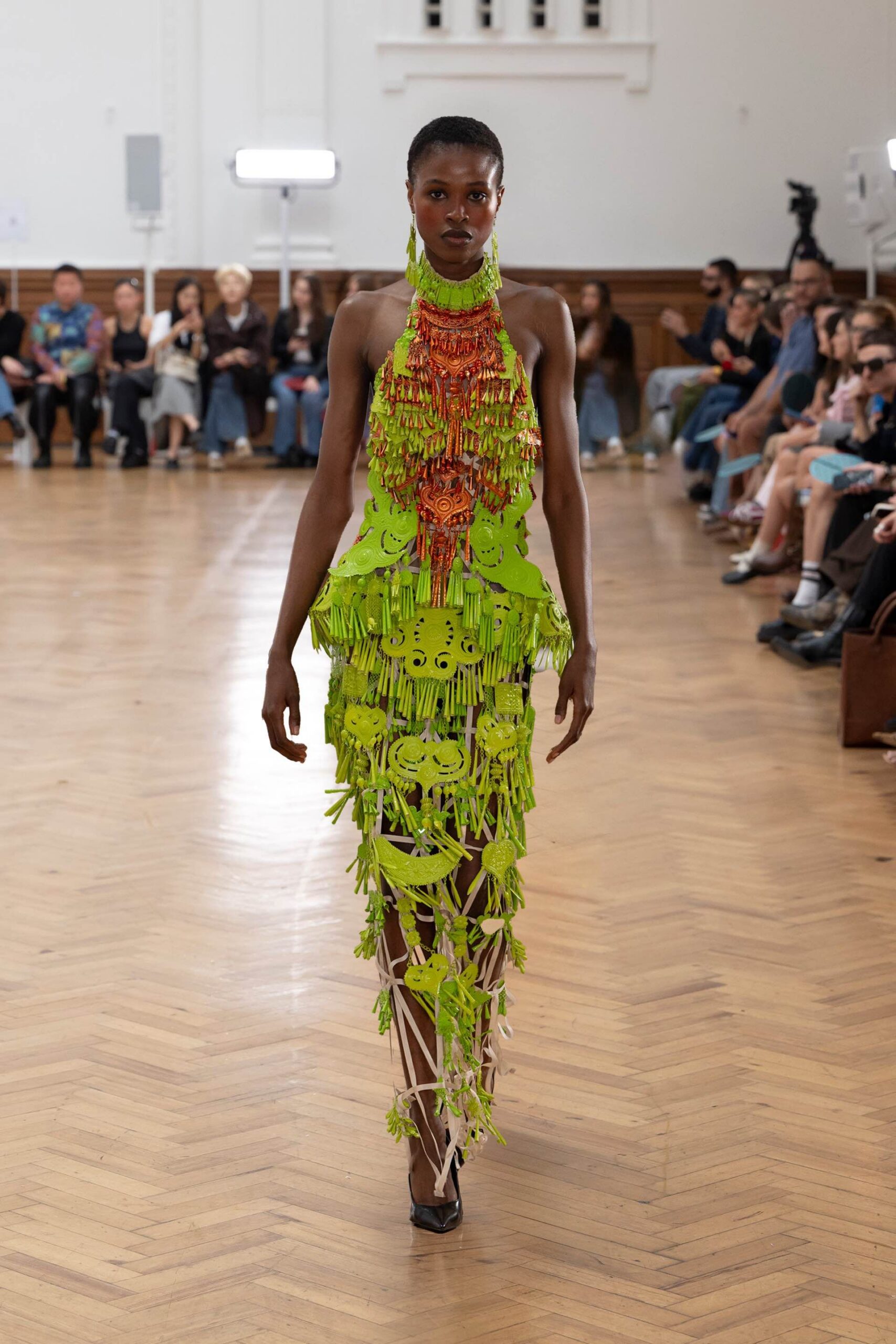 green cotton sleeveless high-neck fitted fringed layered dress