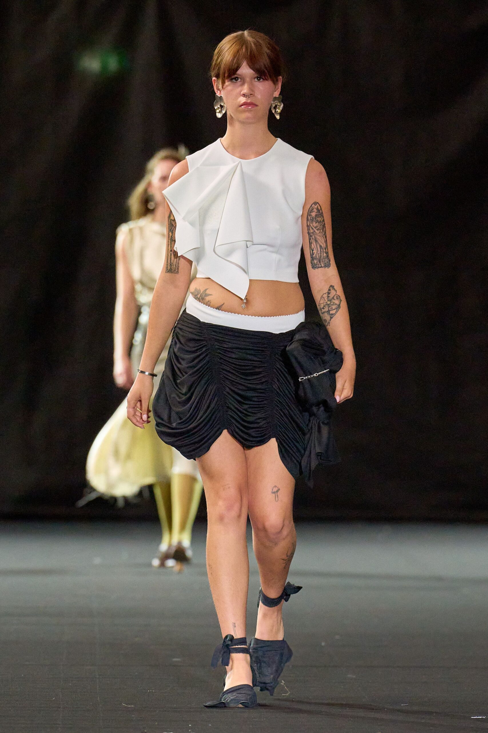white cotton sleeveless high-neck fitted pleated top