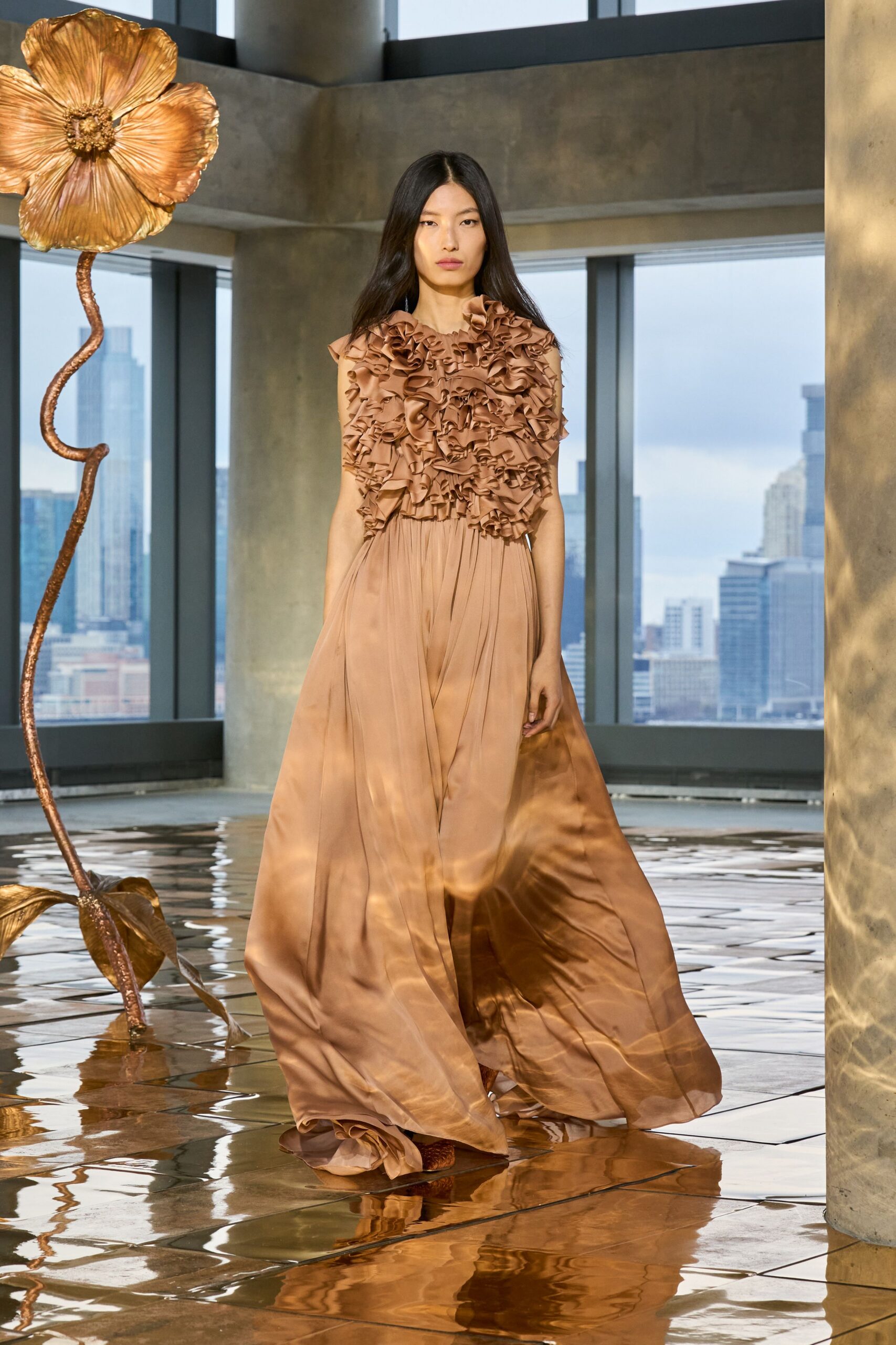 beige silk sleeveless gown