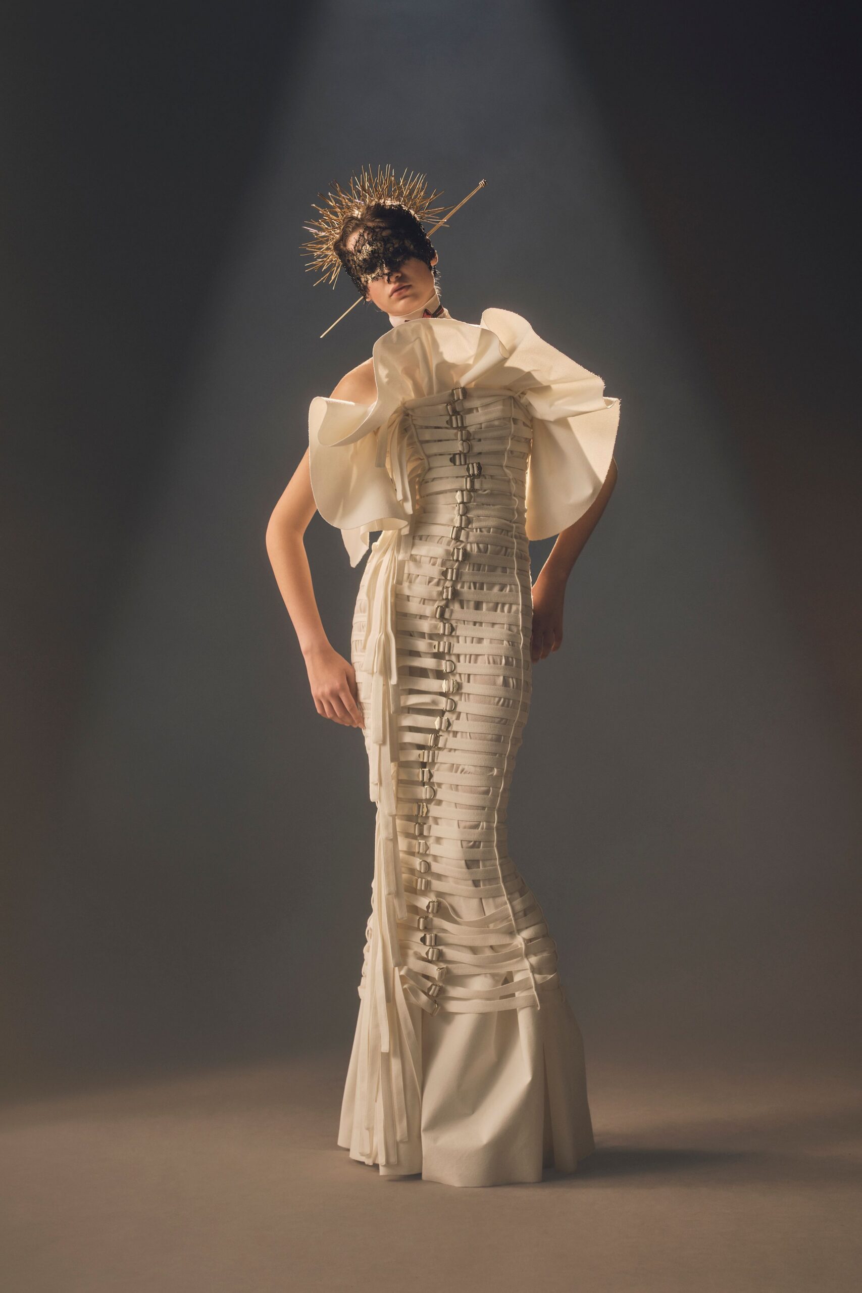white fitted off-shoulder gown
