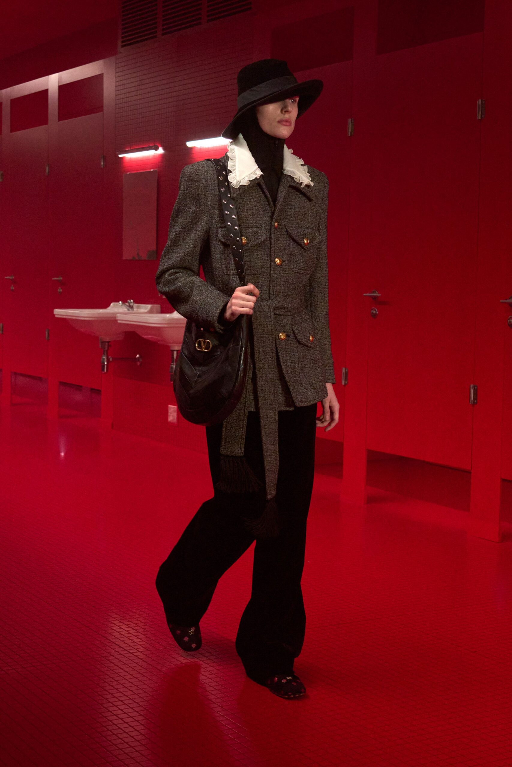 gray wool long-sleeve collared structured buttoned jacket