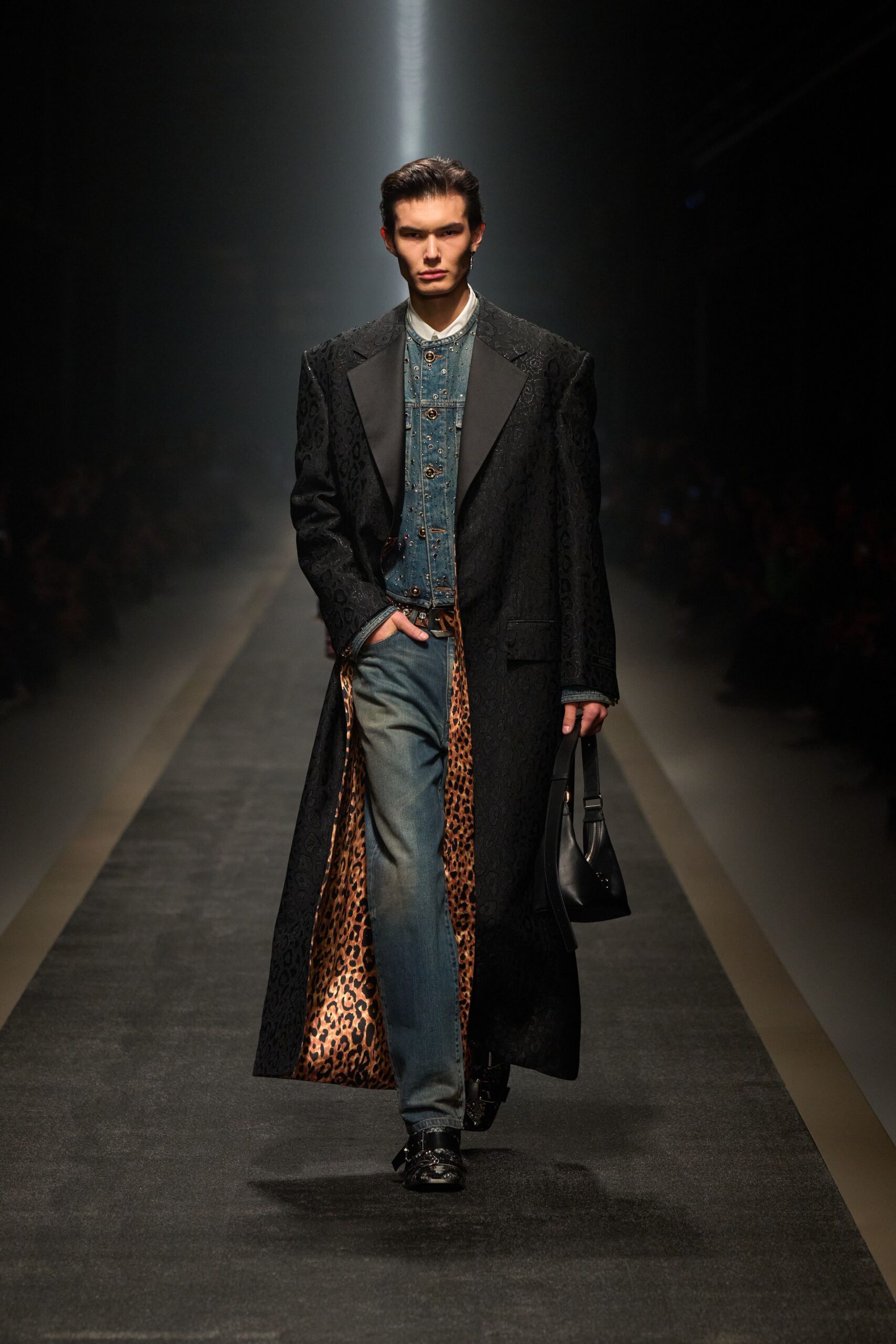 black embroidered coat with denim