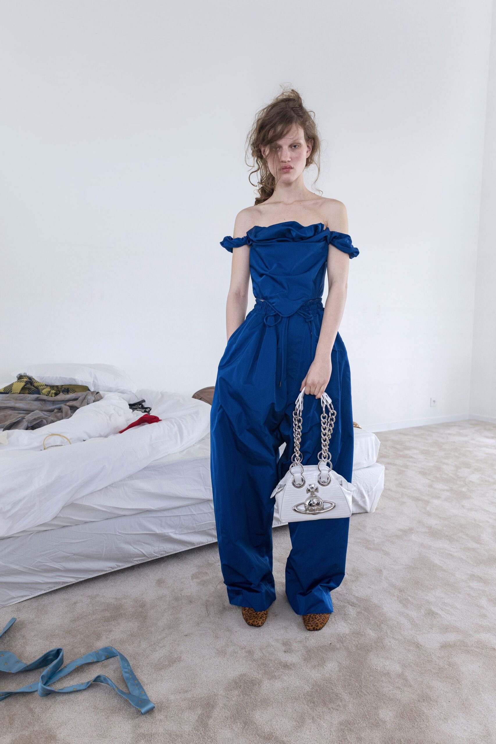 blue cotton off-shoulder relaxed belted jumpsuit