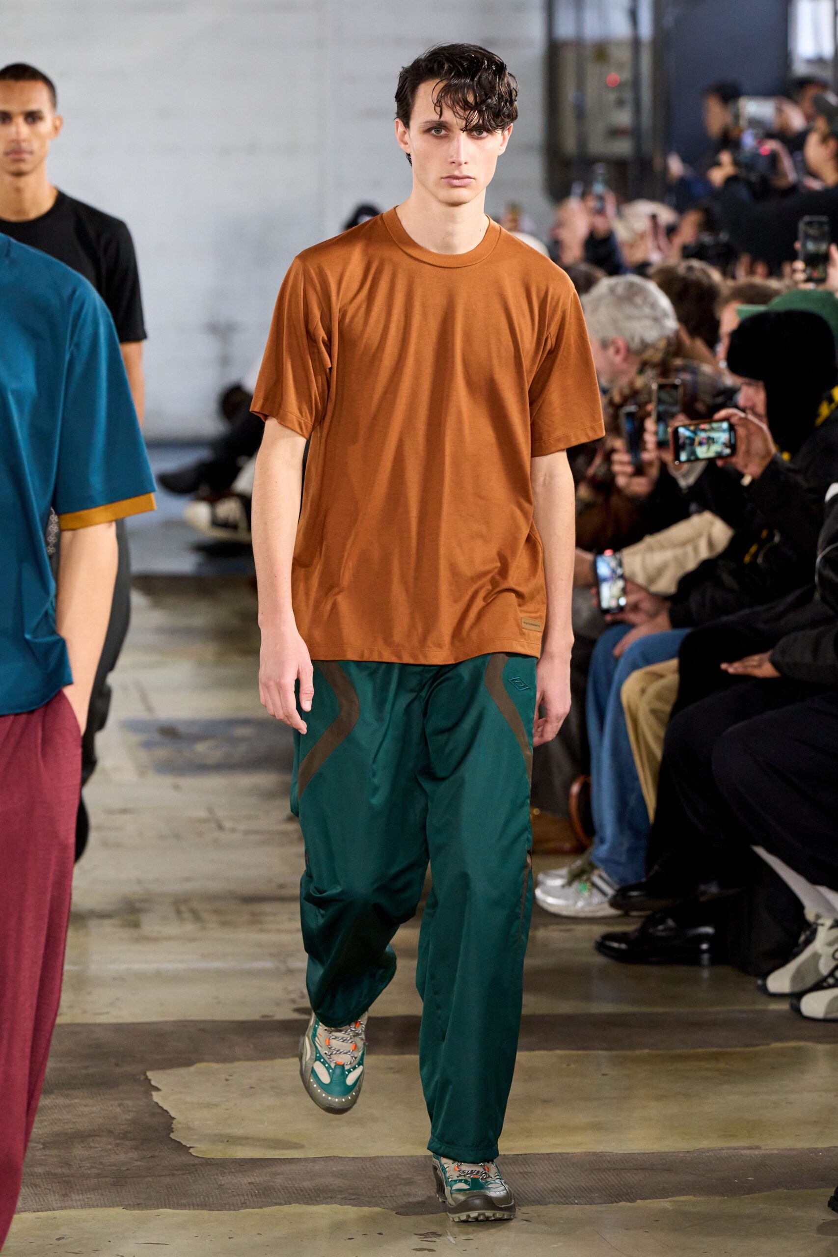 brown t-shirt green cargo pants