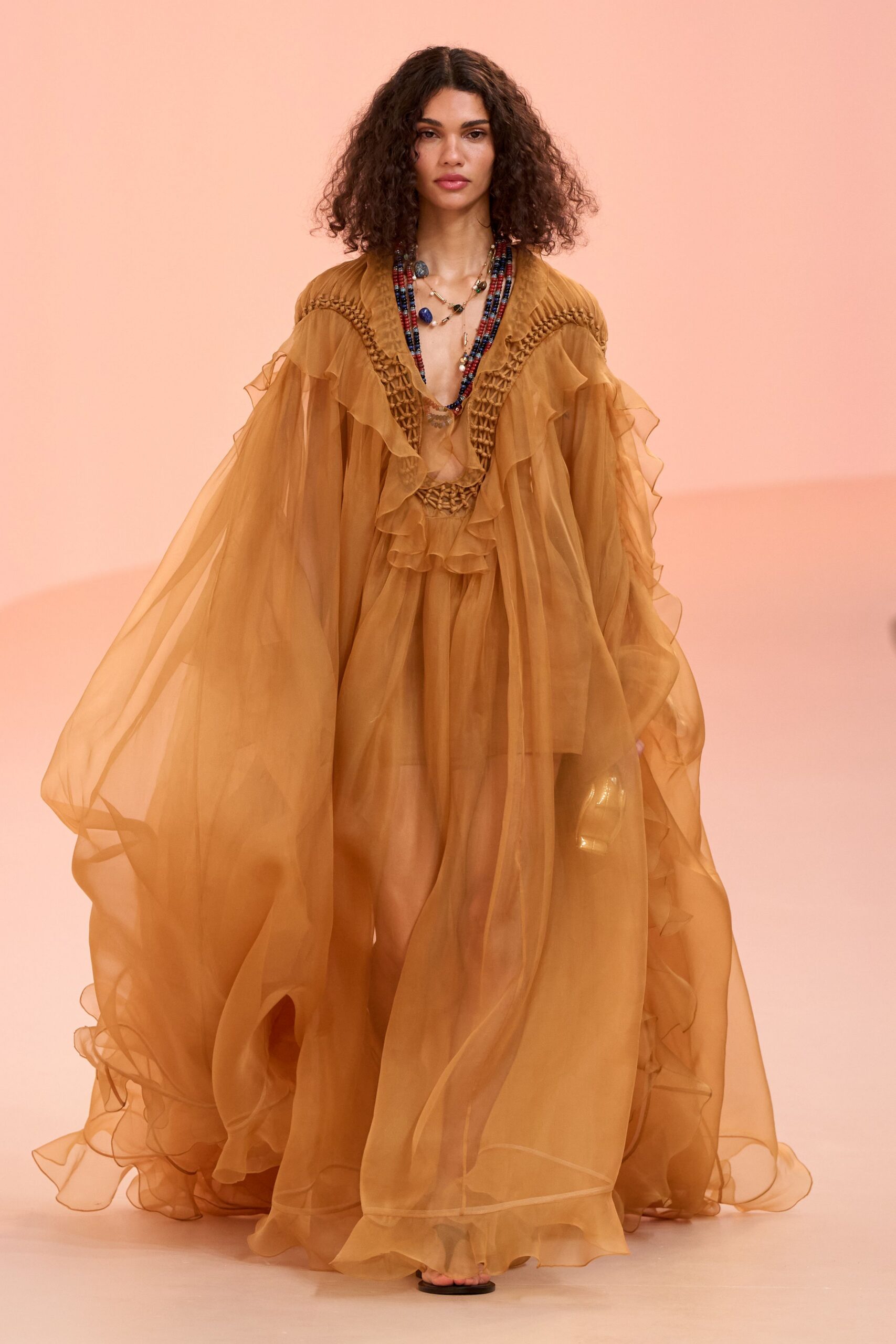 brown chiffon sleeveless gown