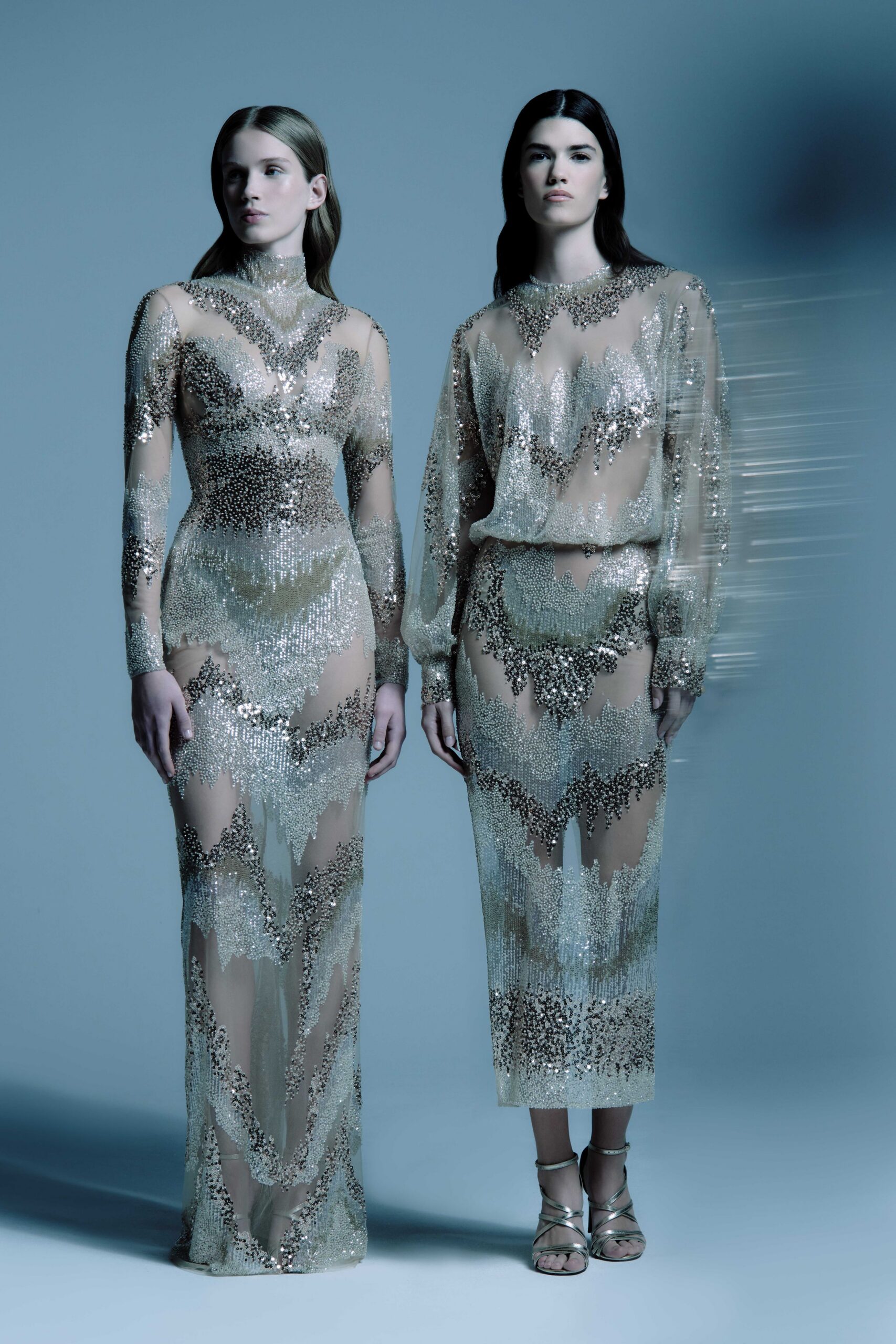 beige silk long-sleeve high-neck fitted sequined draped skirt