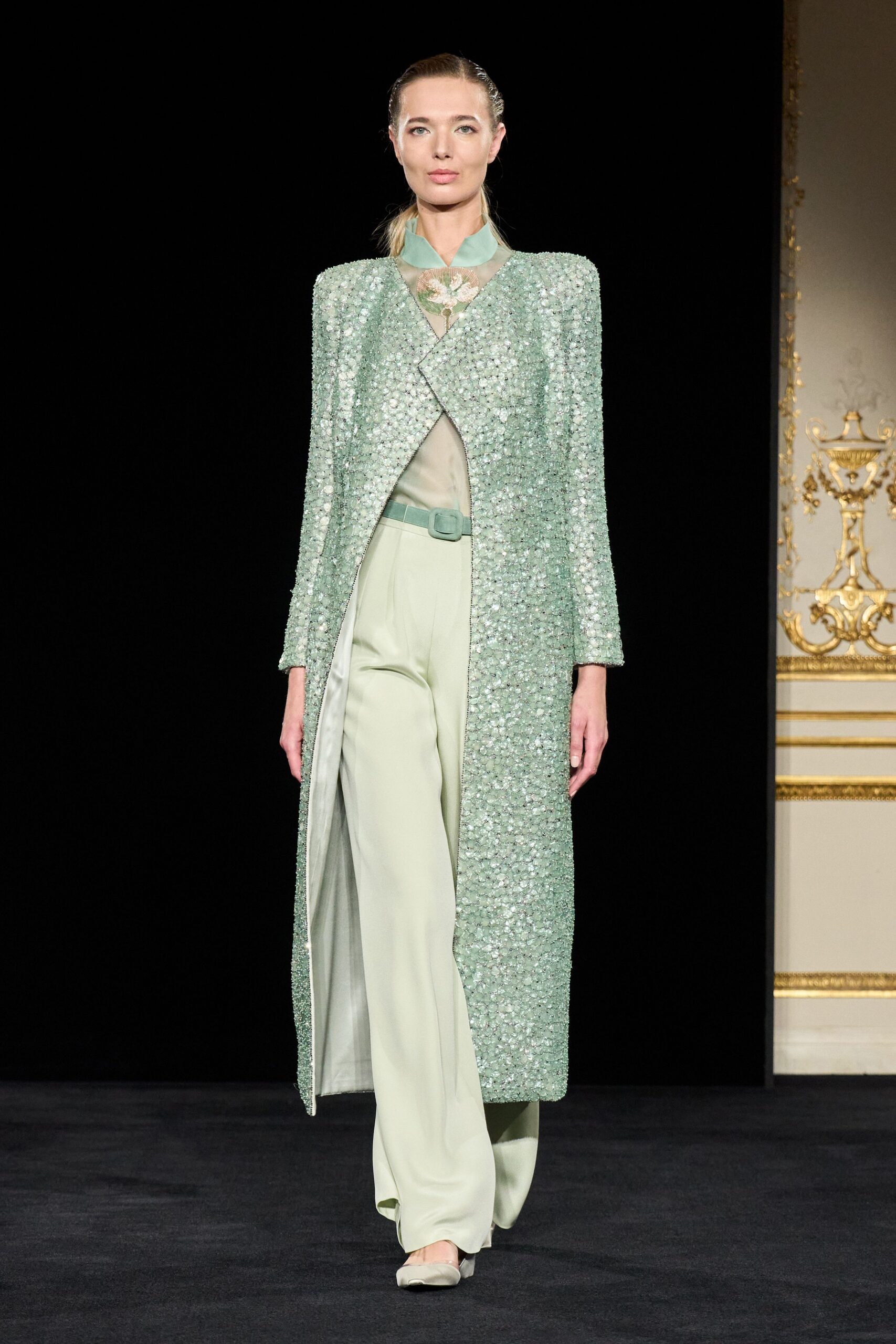 green sequin long-sleeve collared fitted layered shiny coat