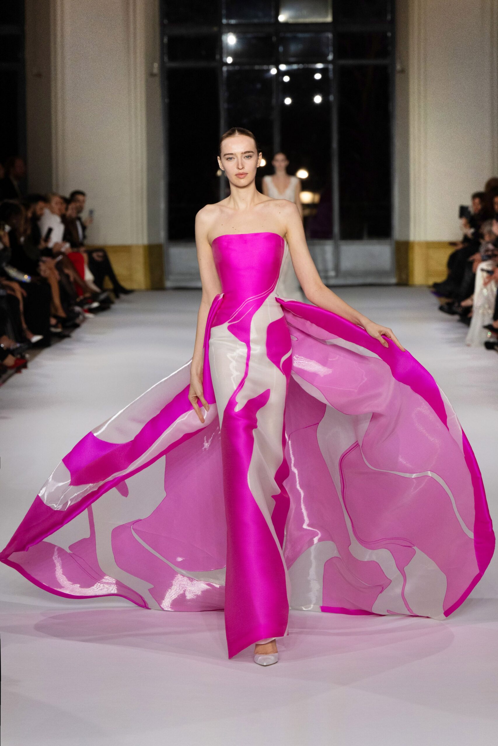 pink silk strapless fitted draped flowing maxi gown