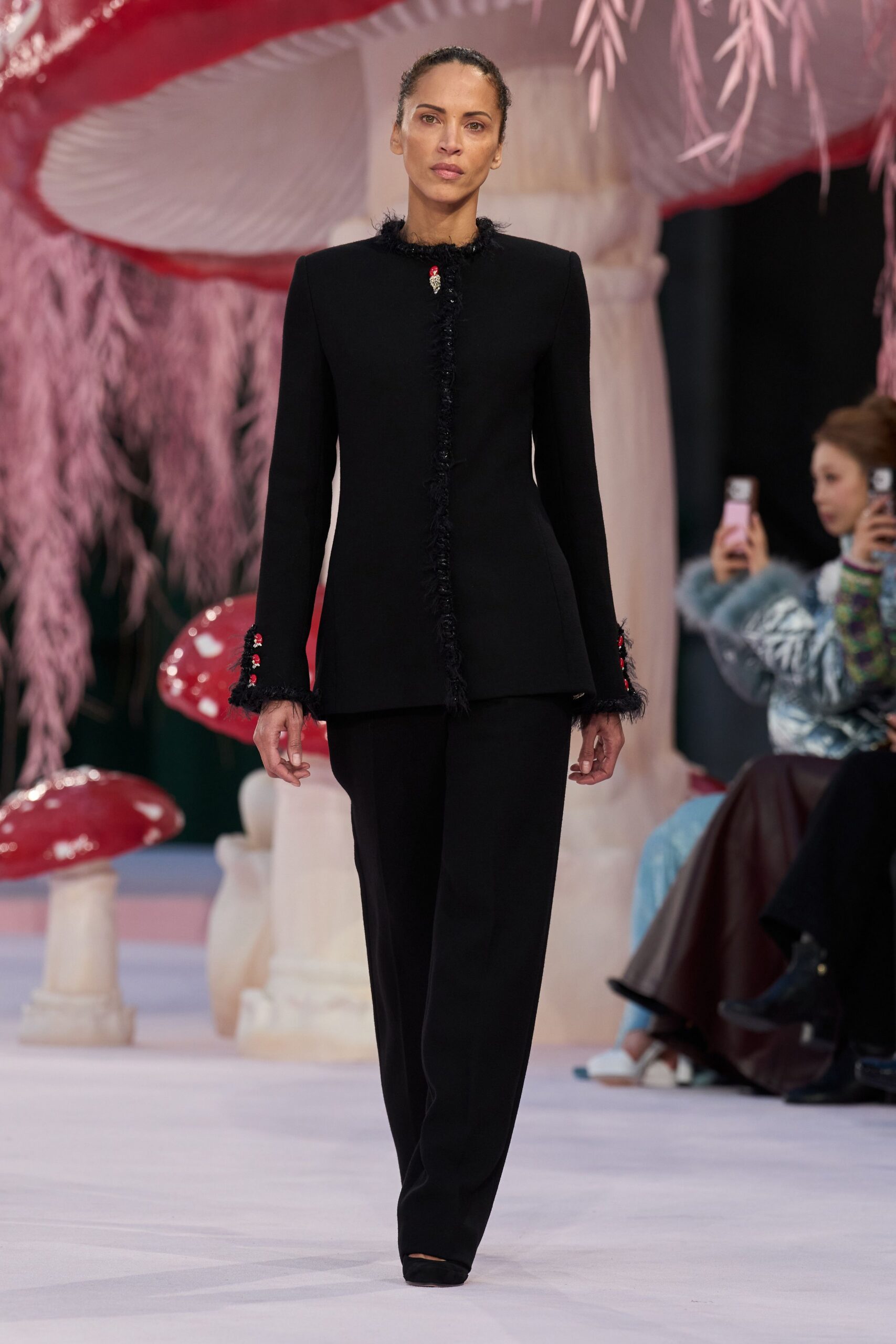black wool long-sleeve collared tailored buttoned ruffled blazer