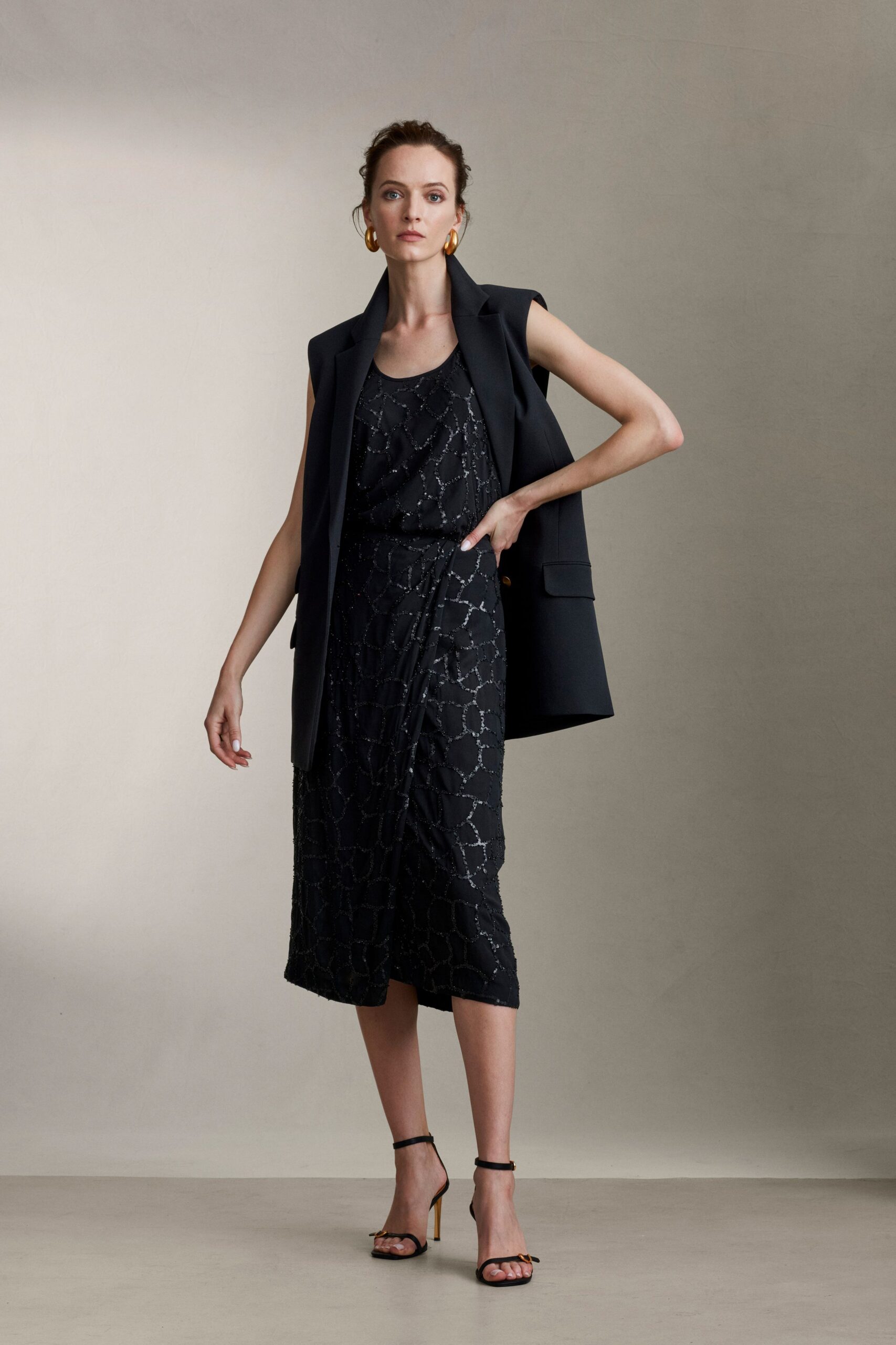 black embellished midi dress with blazer