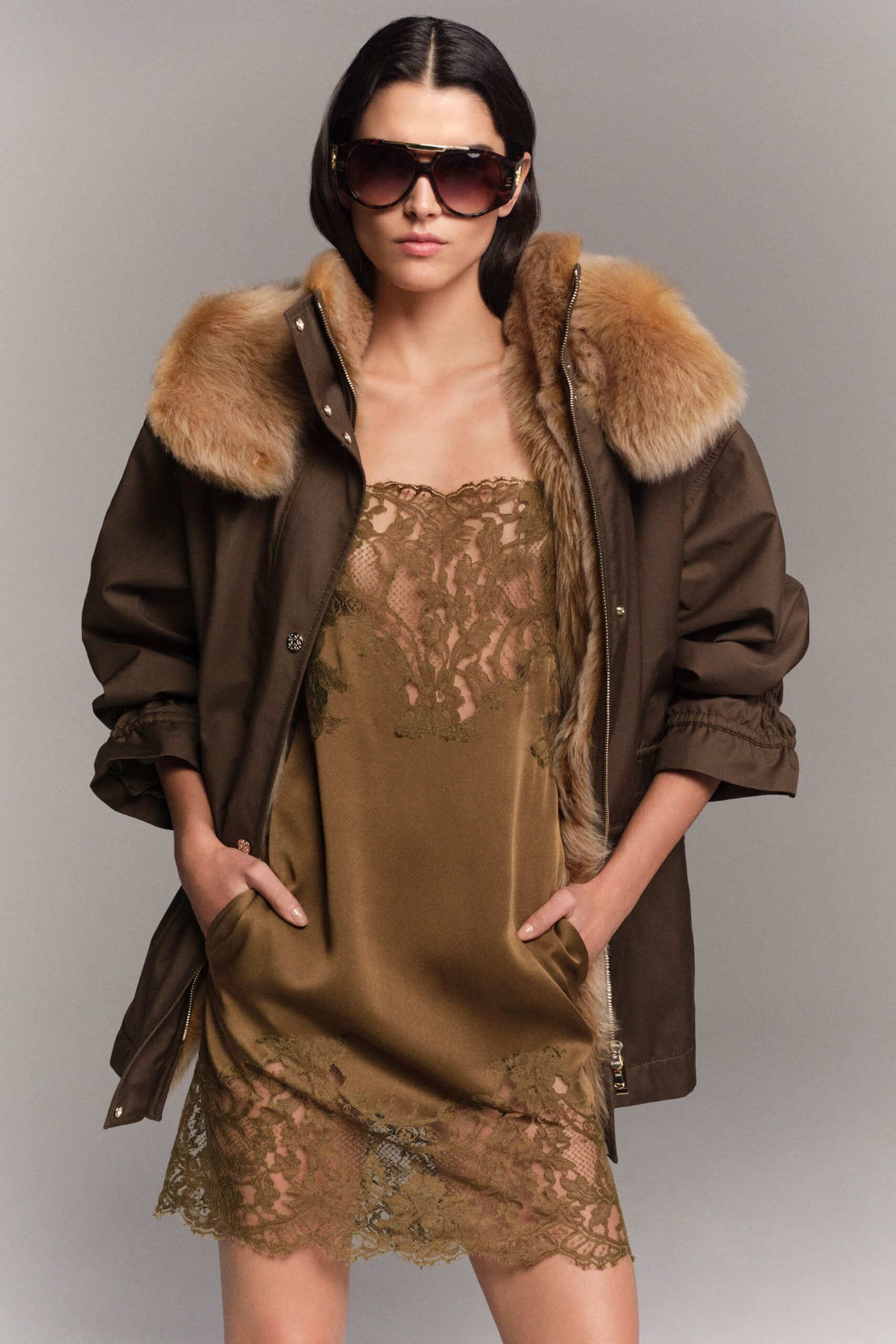 brown cotton long-sleeve relaxed zippered coat