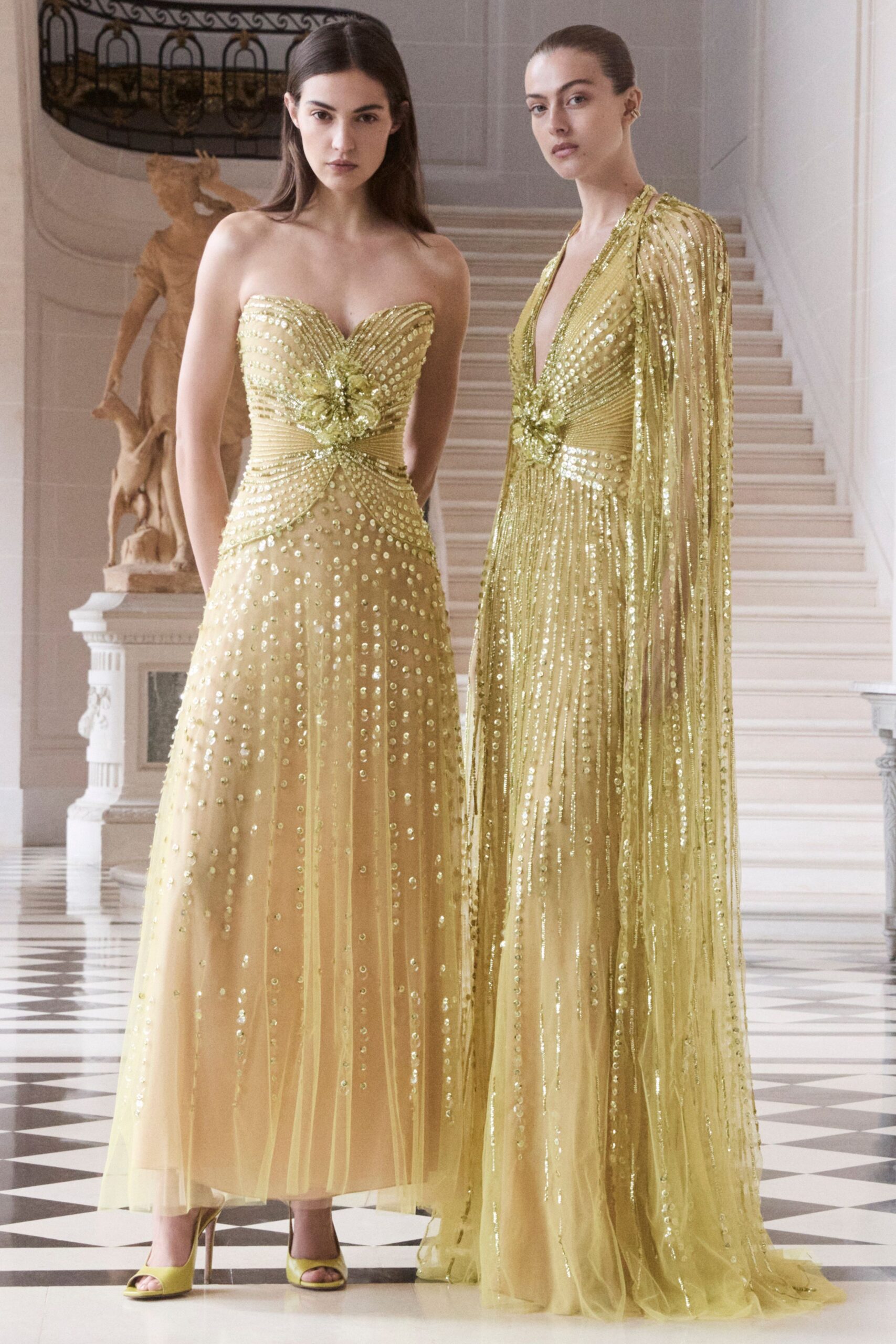 yellow silk strapless fitted beaded tiered sheer gown