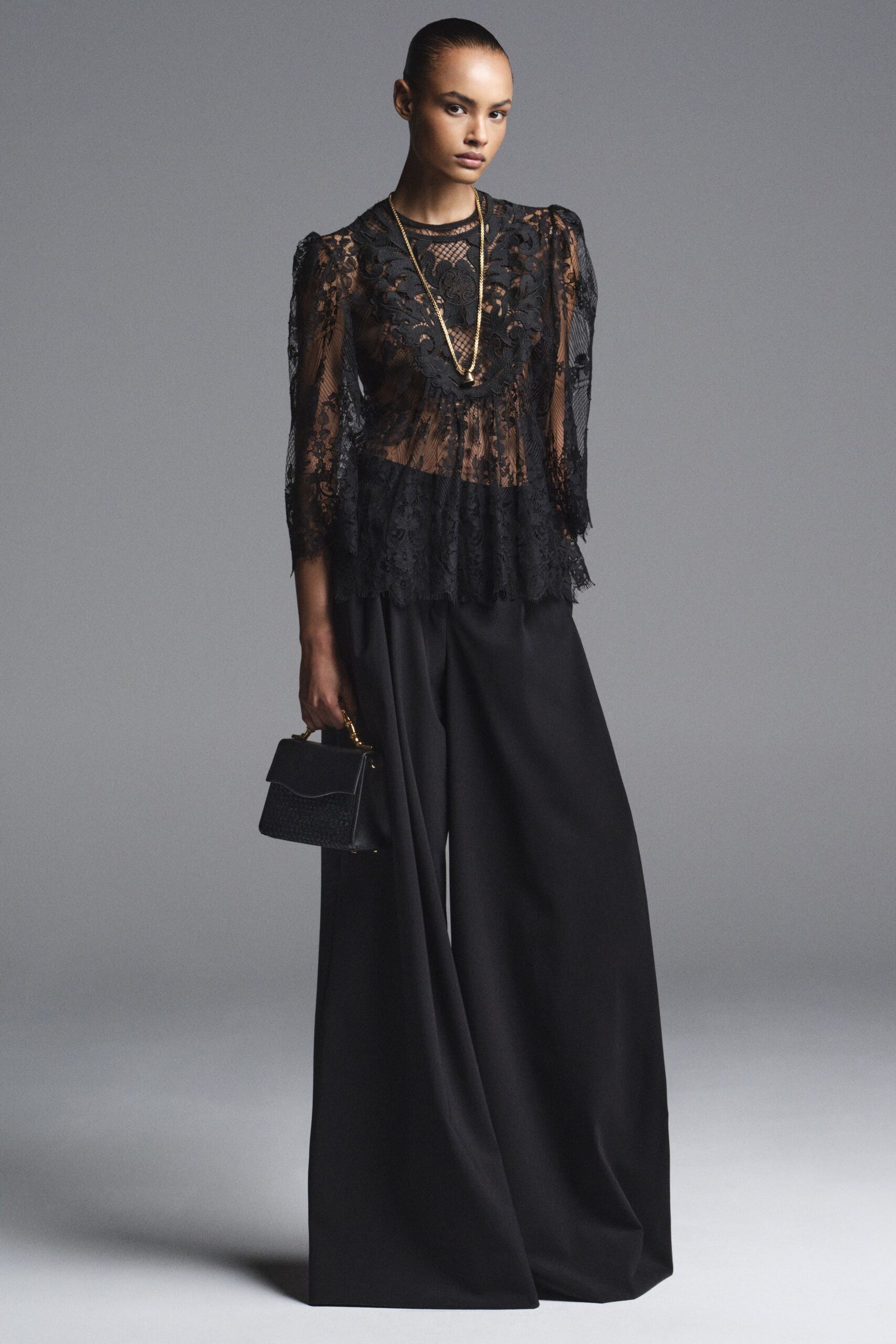 black lace long-sleeve v-neck fitted ruffled sheer top