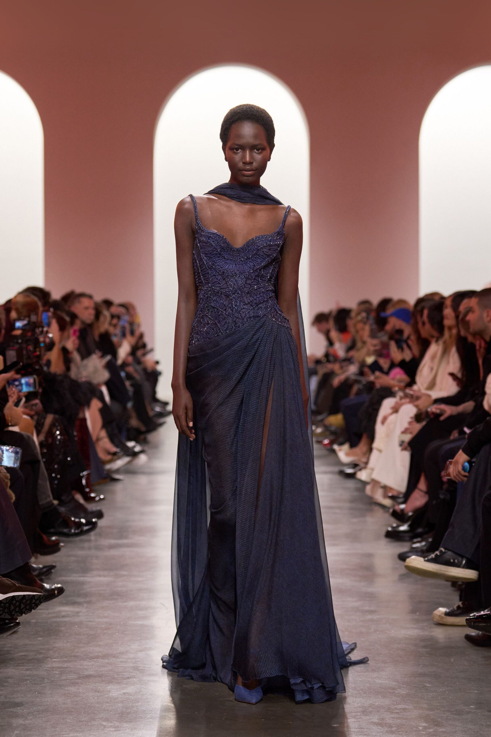 blue silk sleeveless gown