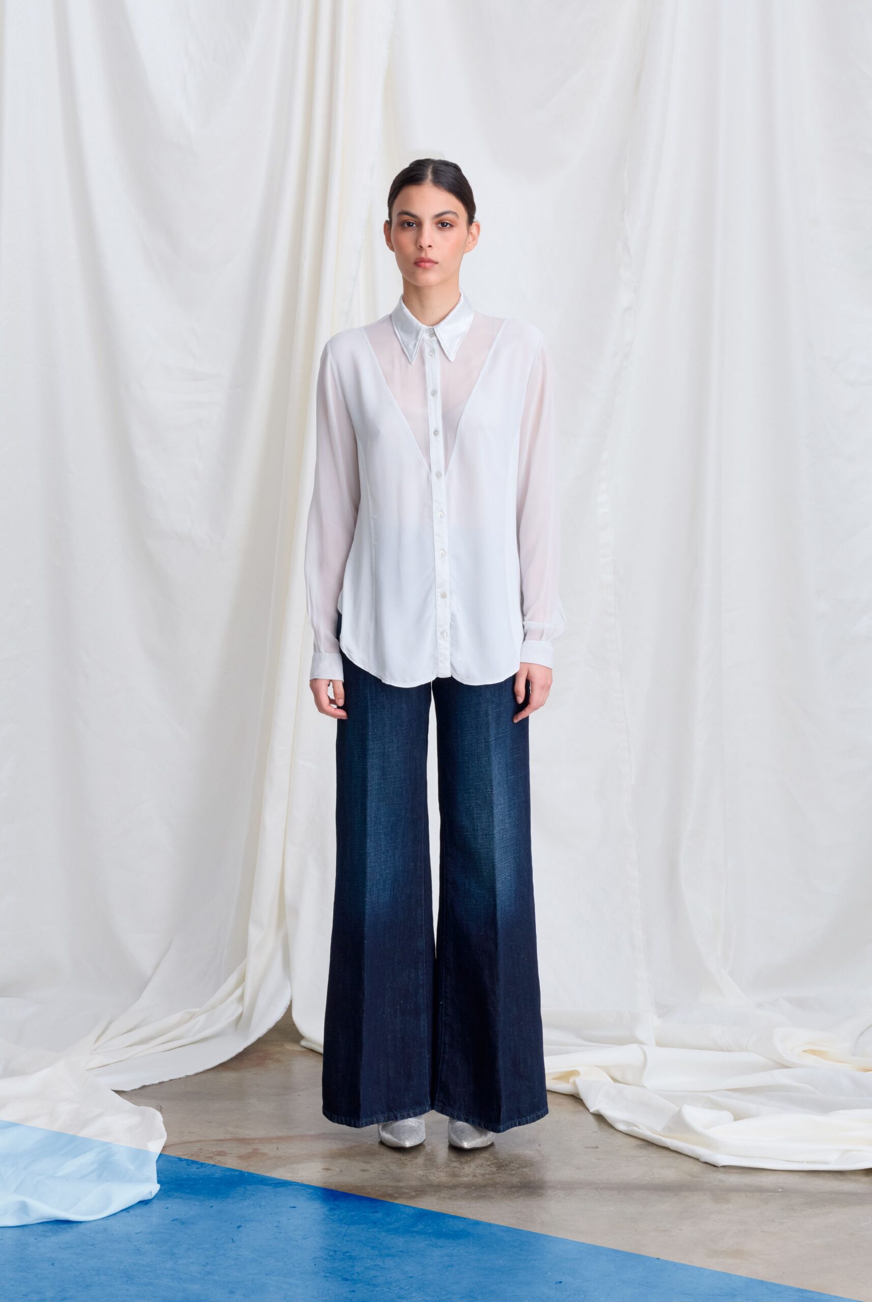 white silk long-sleeve collared relaxed buttoned sheer shirt