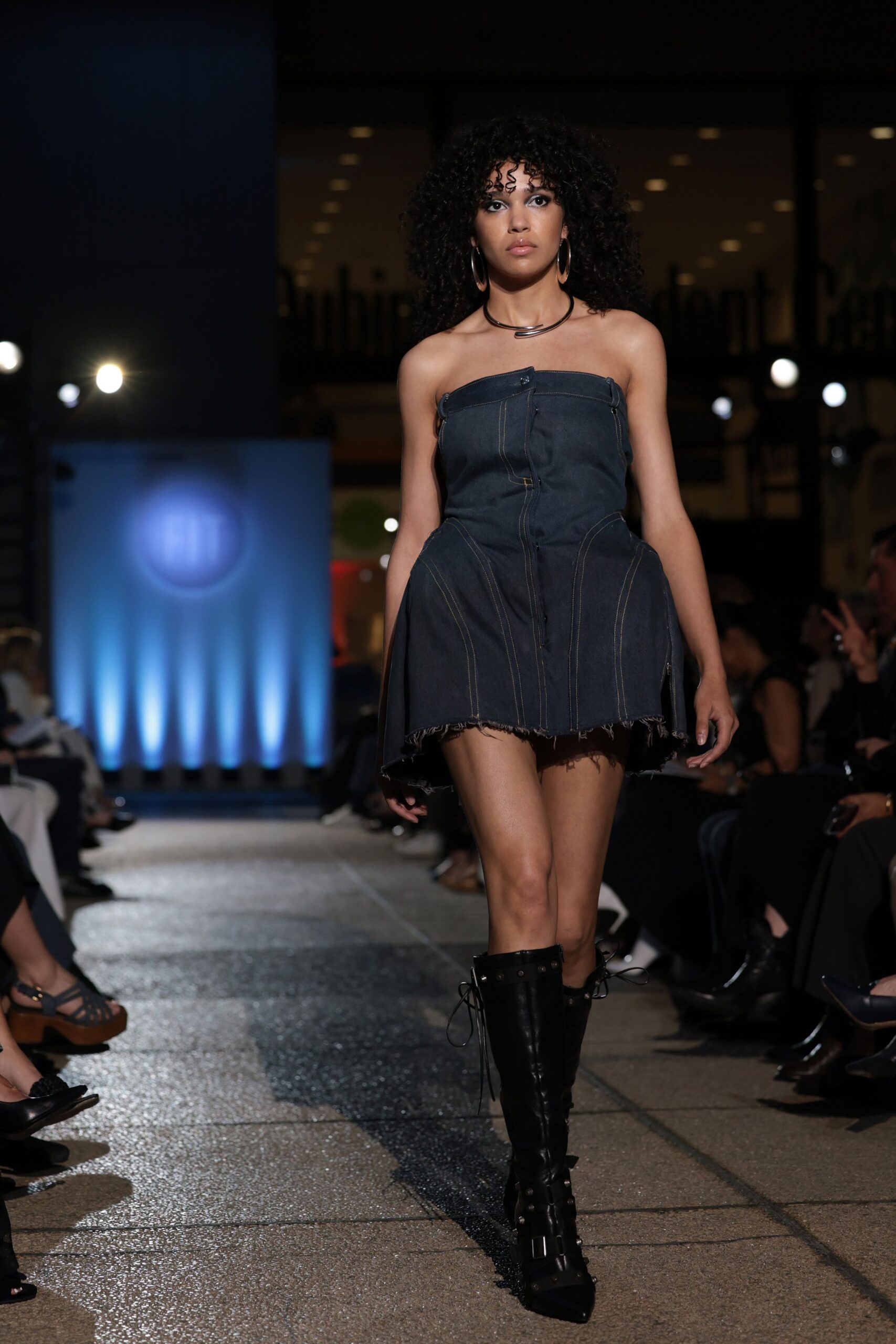 blue denim strapless fitted fringed mini dress