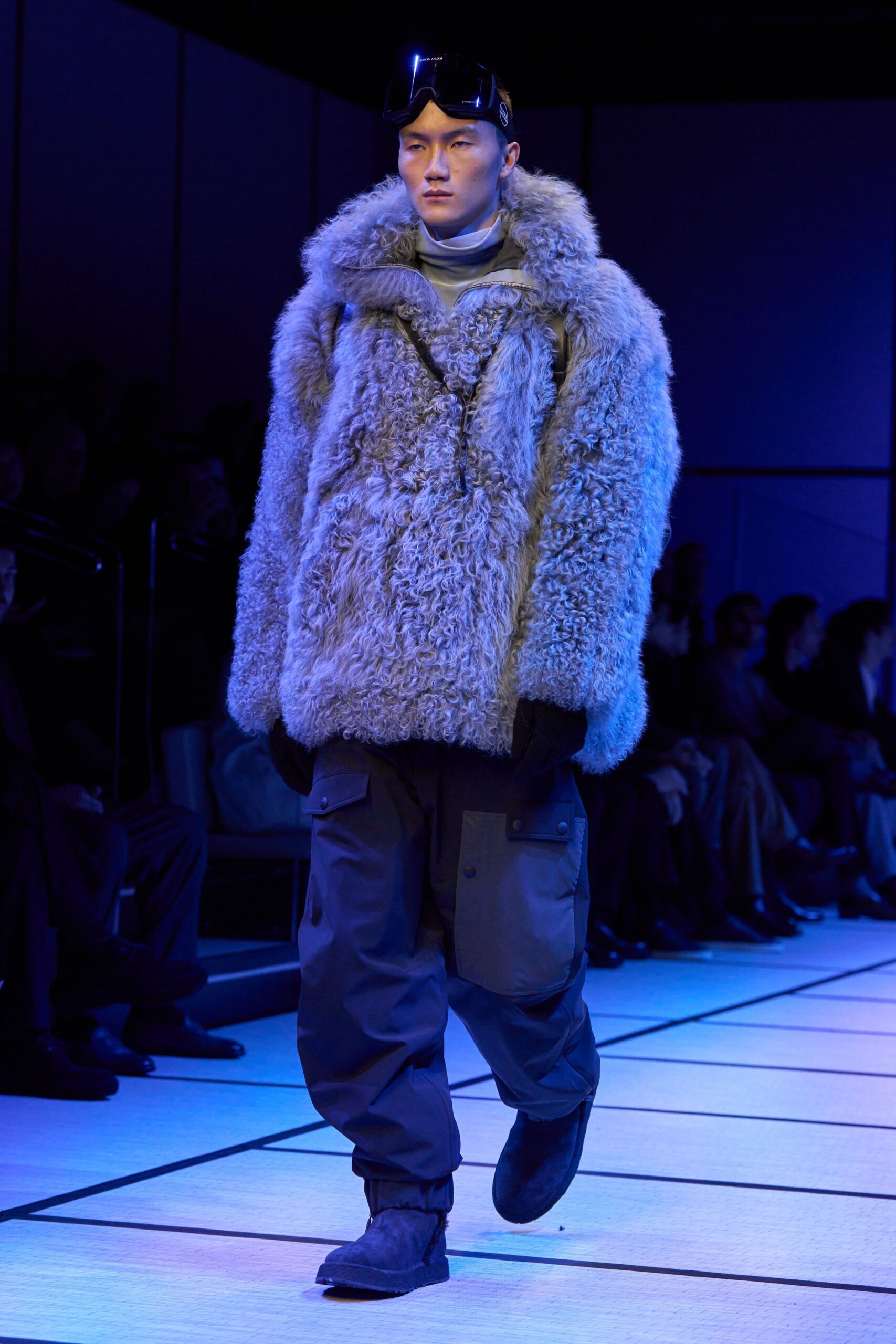 gray fur long-sleeve hooded oversized textured coat