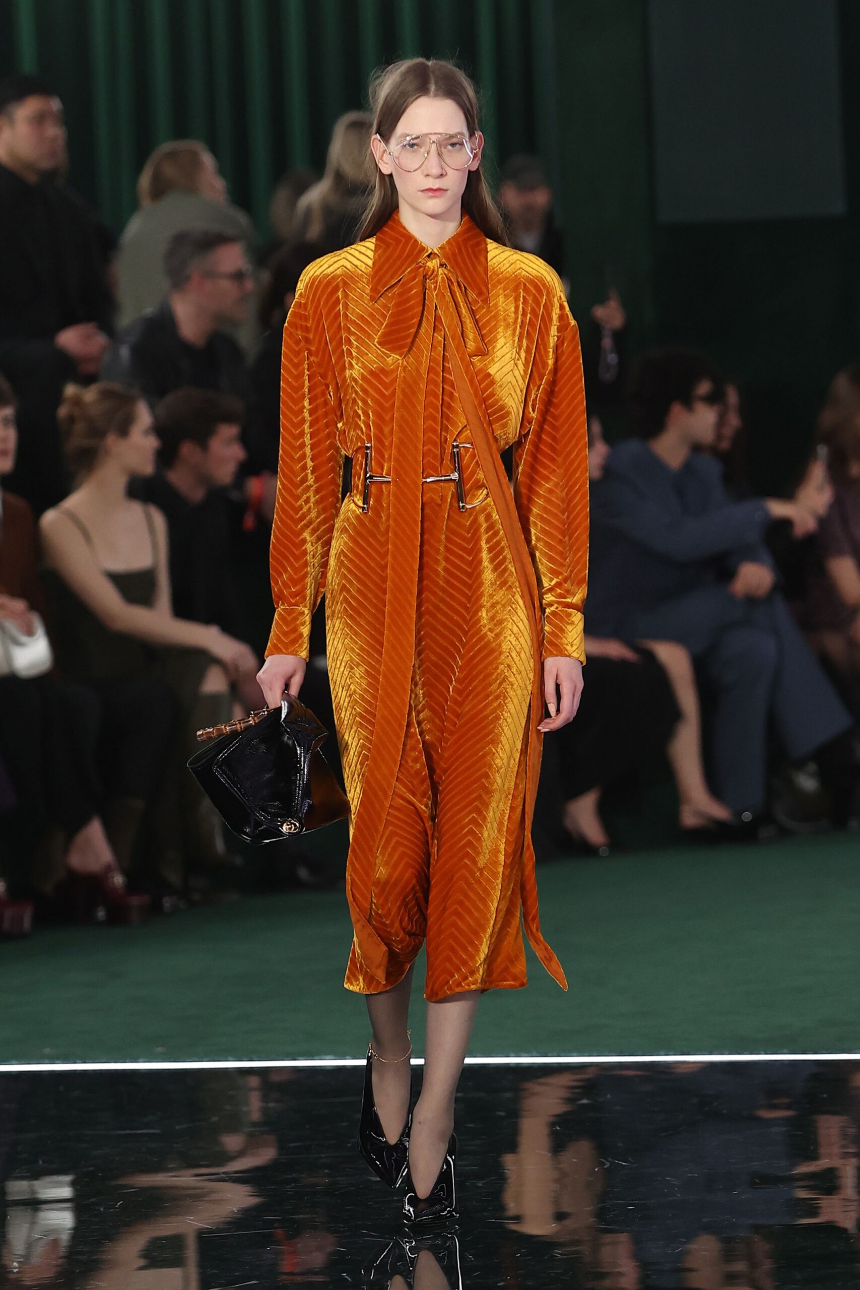 orange velvet long-sleeve collared fitted zippered pleated dress