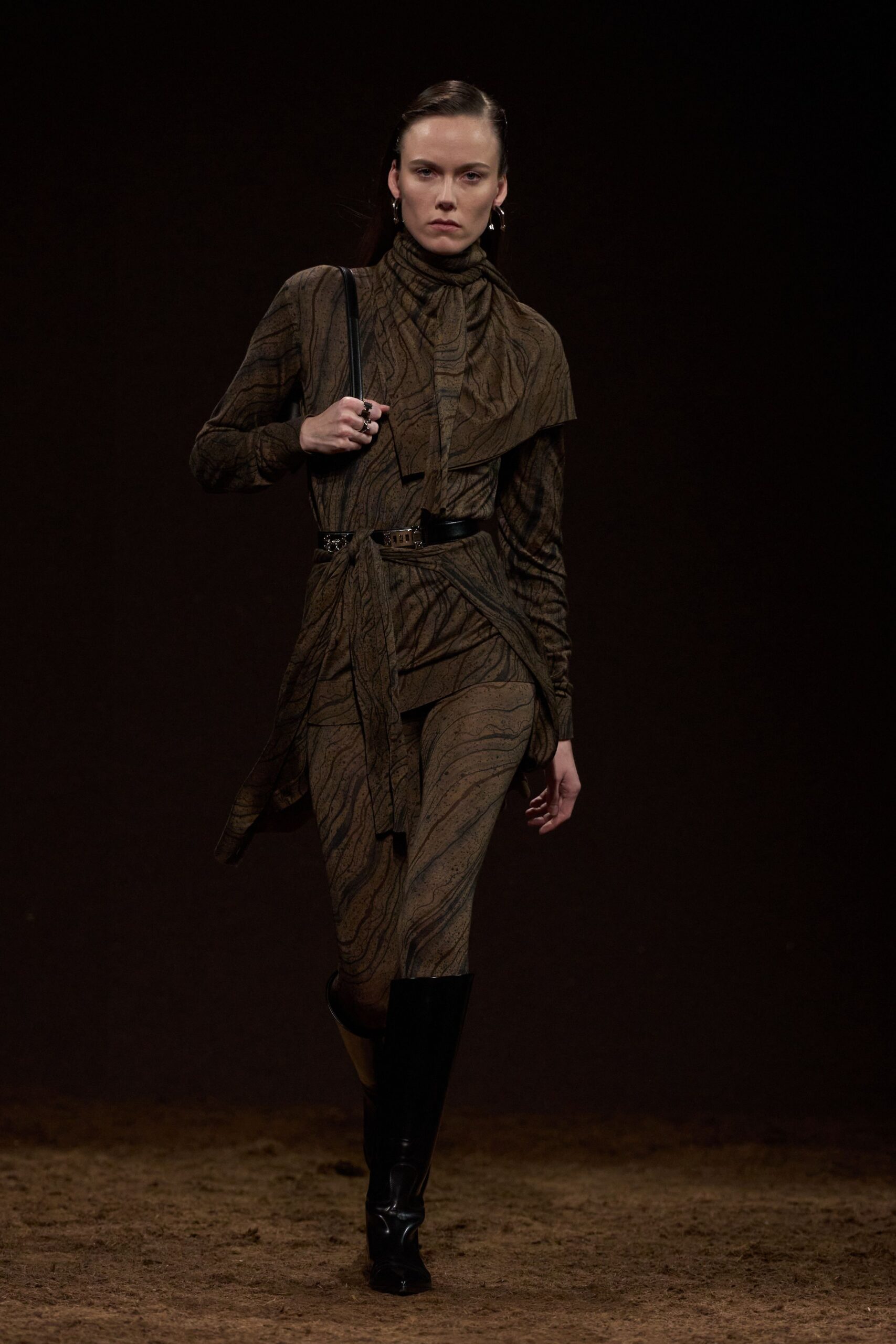 brown fitted midi dress with boots