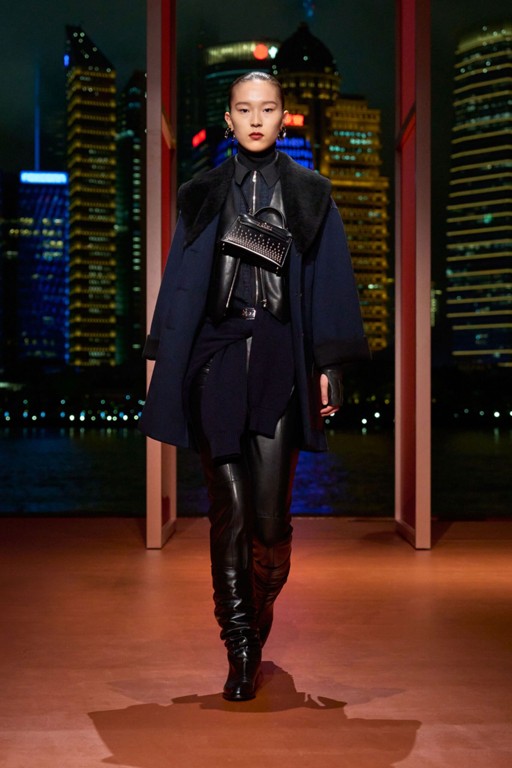 black wool coat with leather top