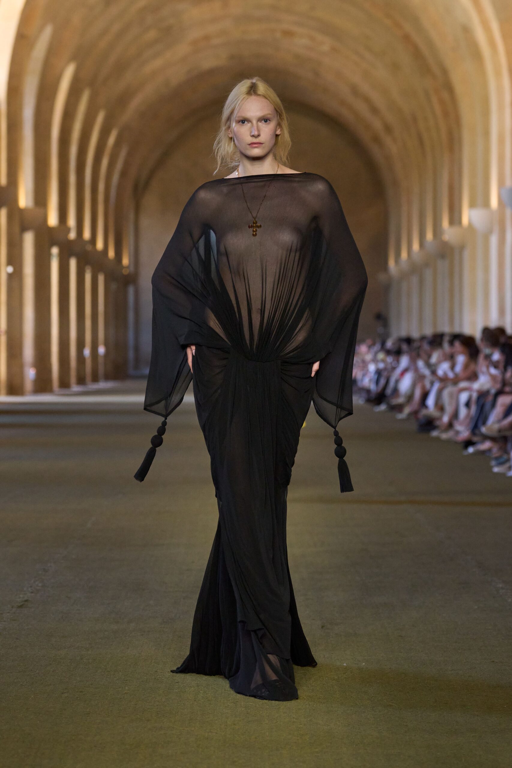 black flowing chiffon gown