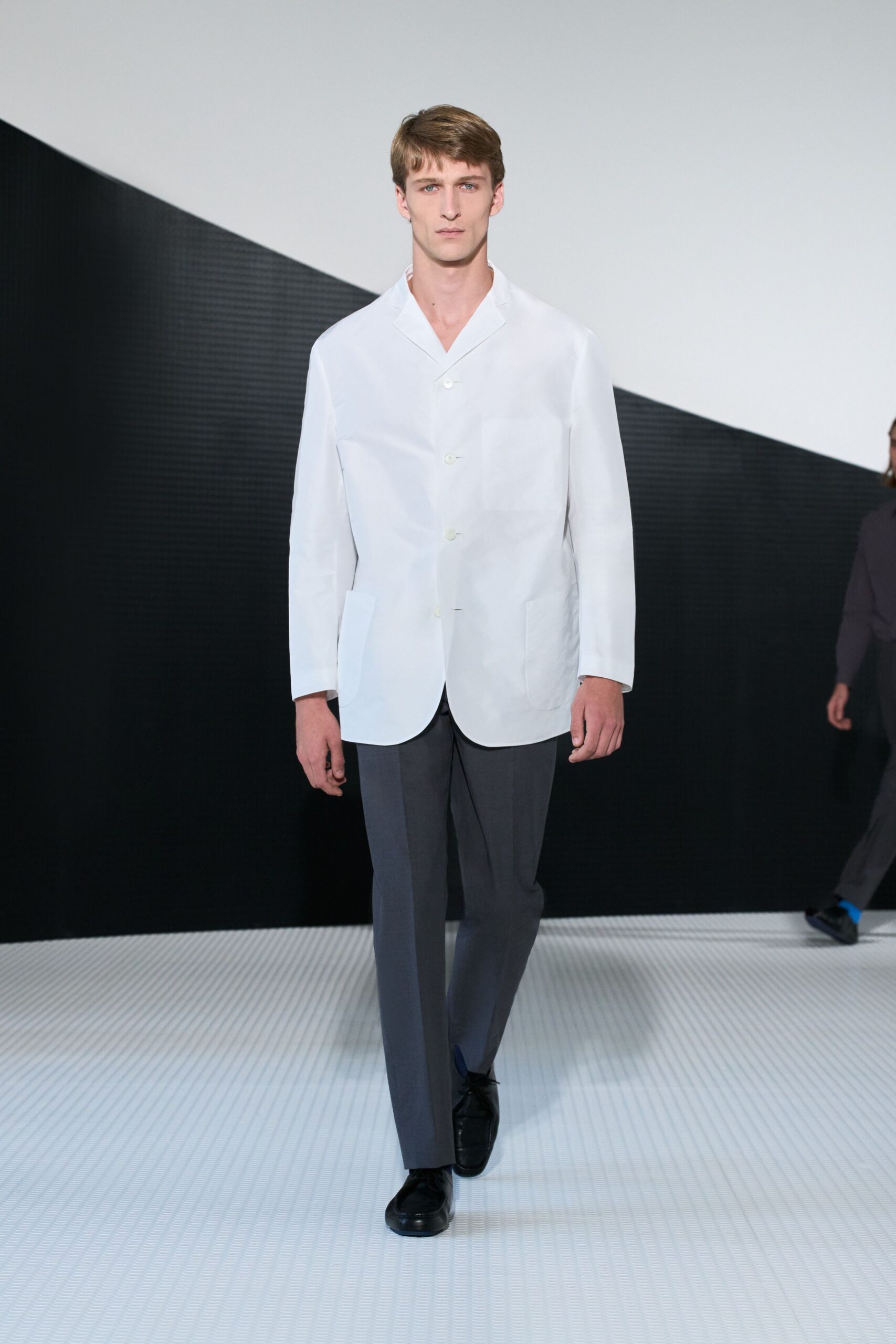 white blazer gray pants