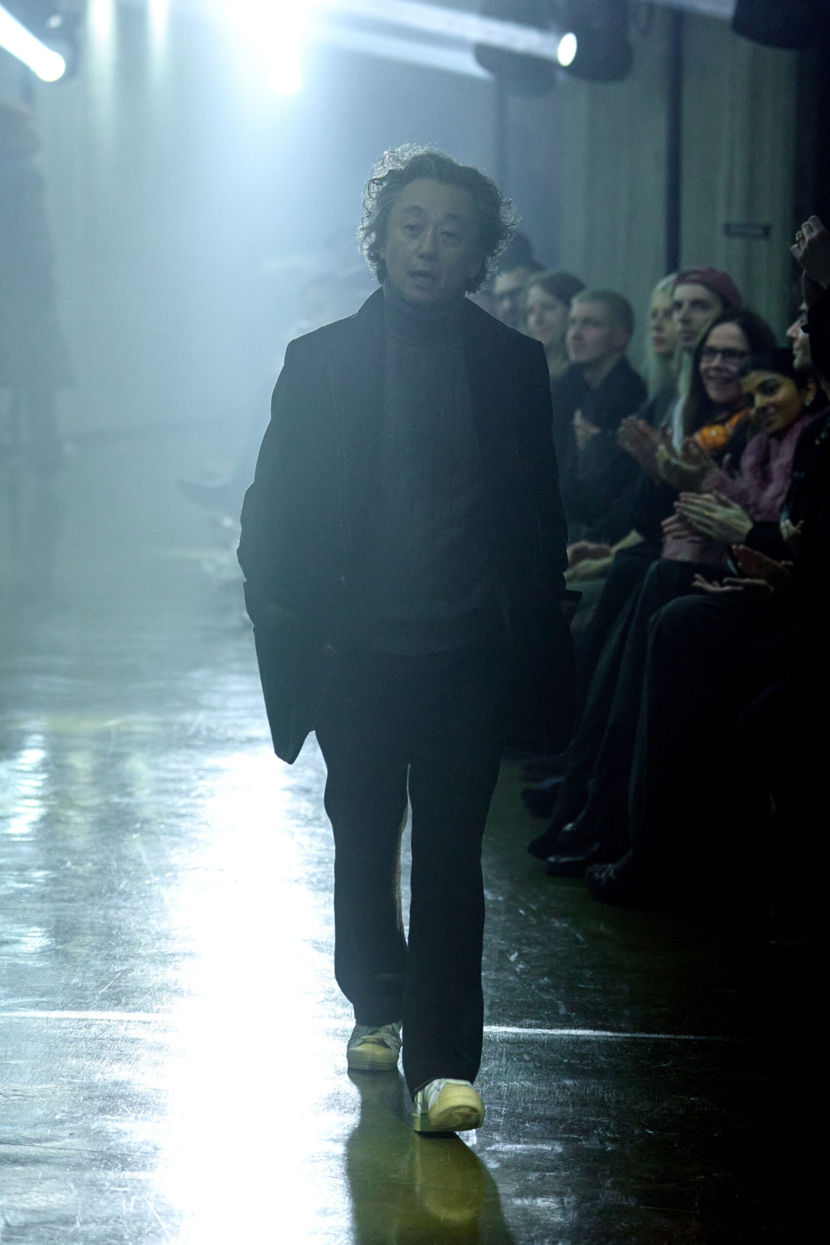 black wool jacket gray top tailored pants