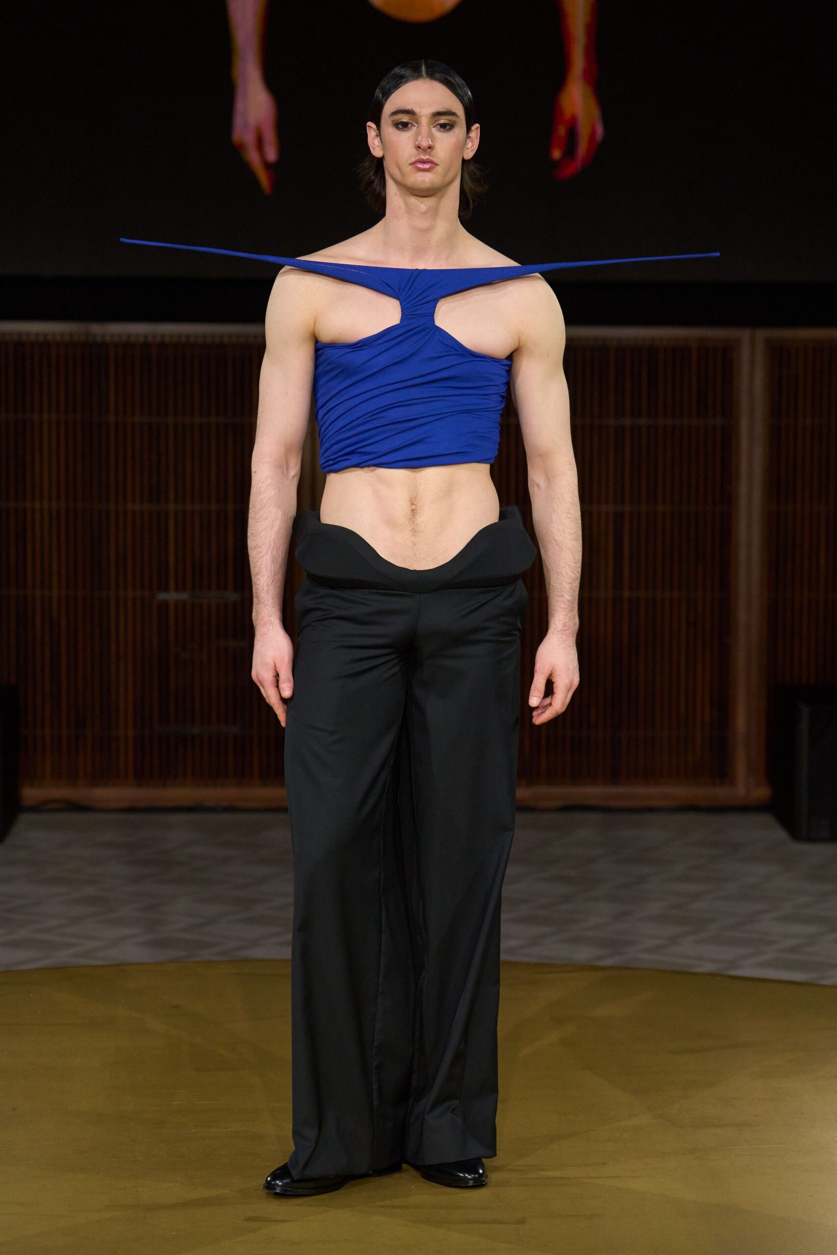 blue cotton sleeveless v-neck fitted draped top
