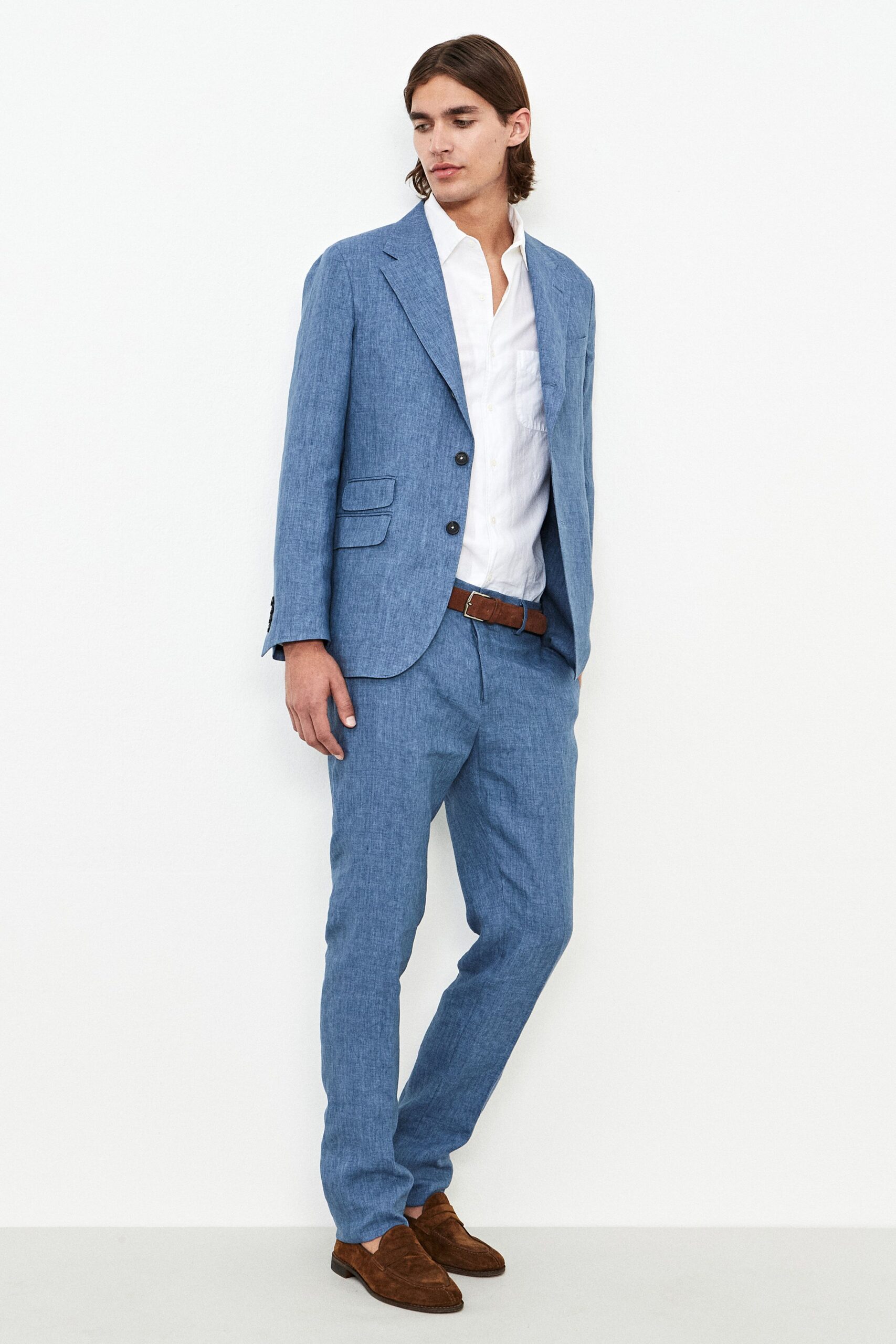 blue cotton long-sleeve collared tailored buttoned suit