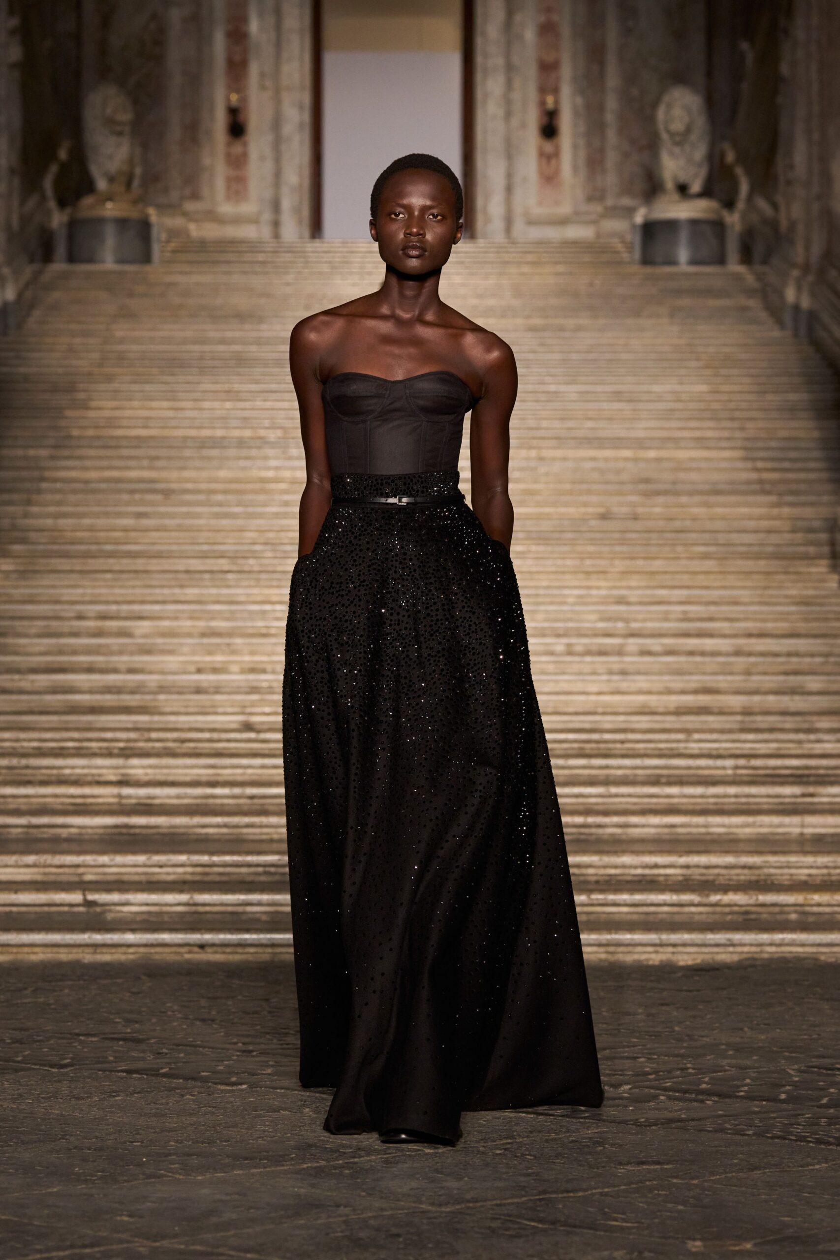 black strapless embellished gown